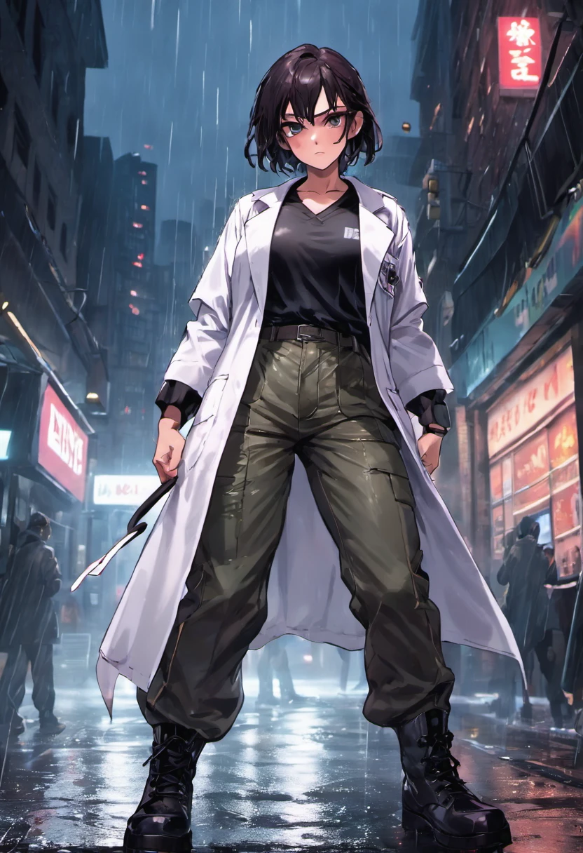 Close-up photos, Dark hair,White thick highlights, Doctor's lab coat over black V-neck T-shirt,Wearing camouflage pants and black military boots, In the rainy city at night, Photorealistic, Cinematic lighting