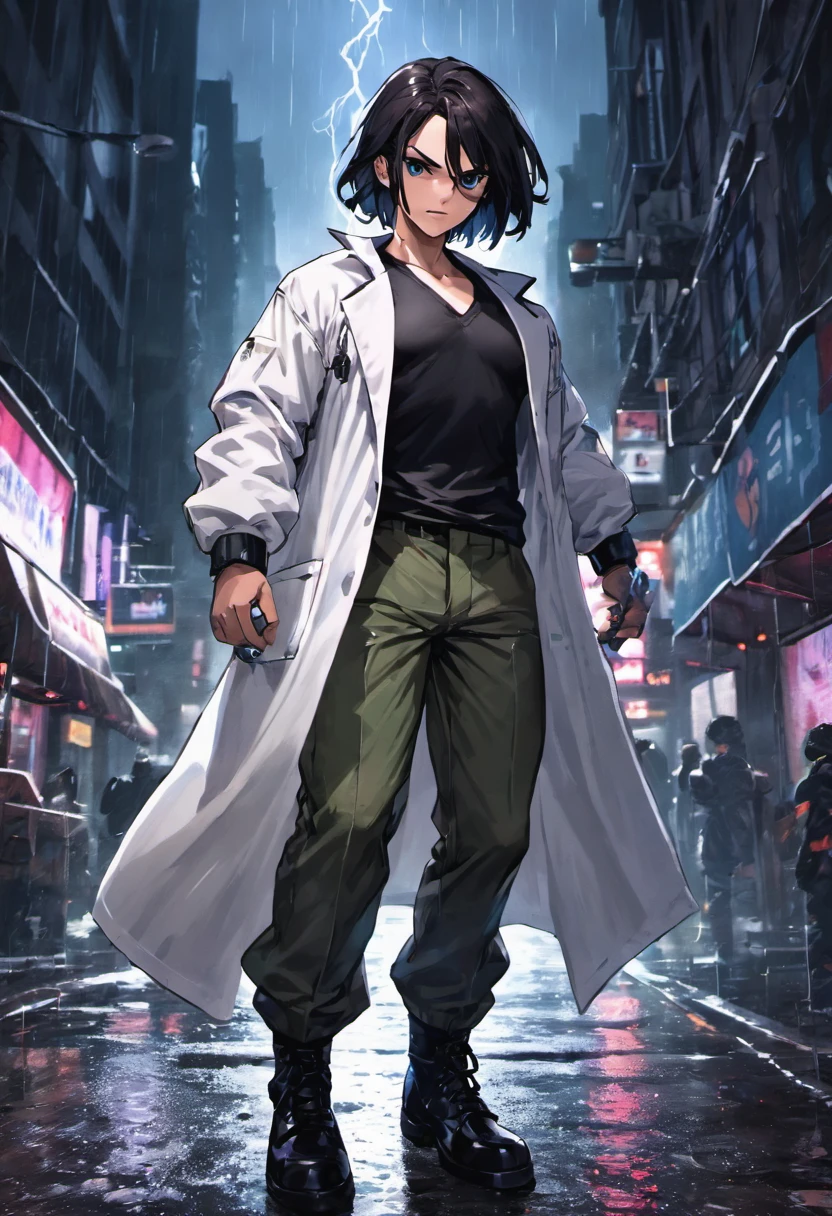 Close-up photos, Dark hair,White thick highlights, Doctor's lab coat over black V-neck T-shirt,Wearing camouflage pants and black military boots, In the rainy city at night, Photorealistic, Cinematic lighting