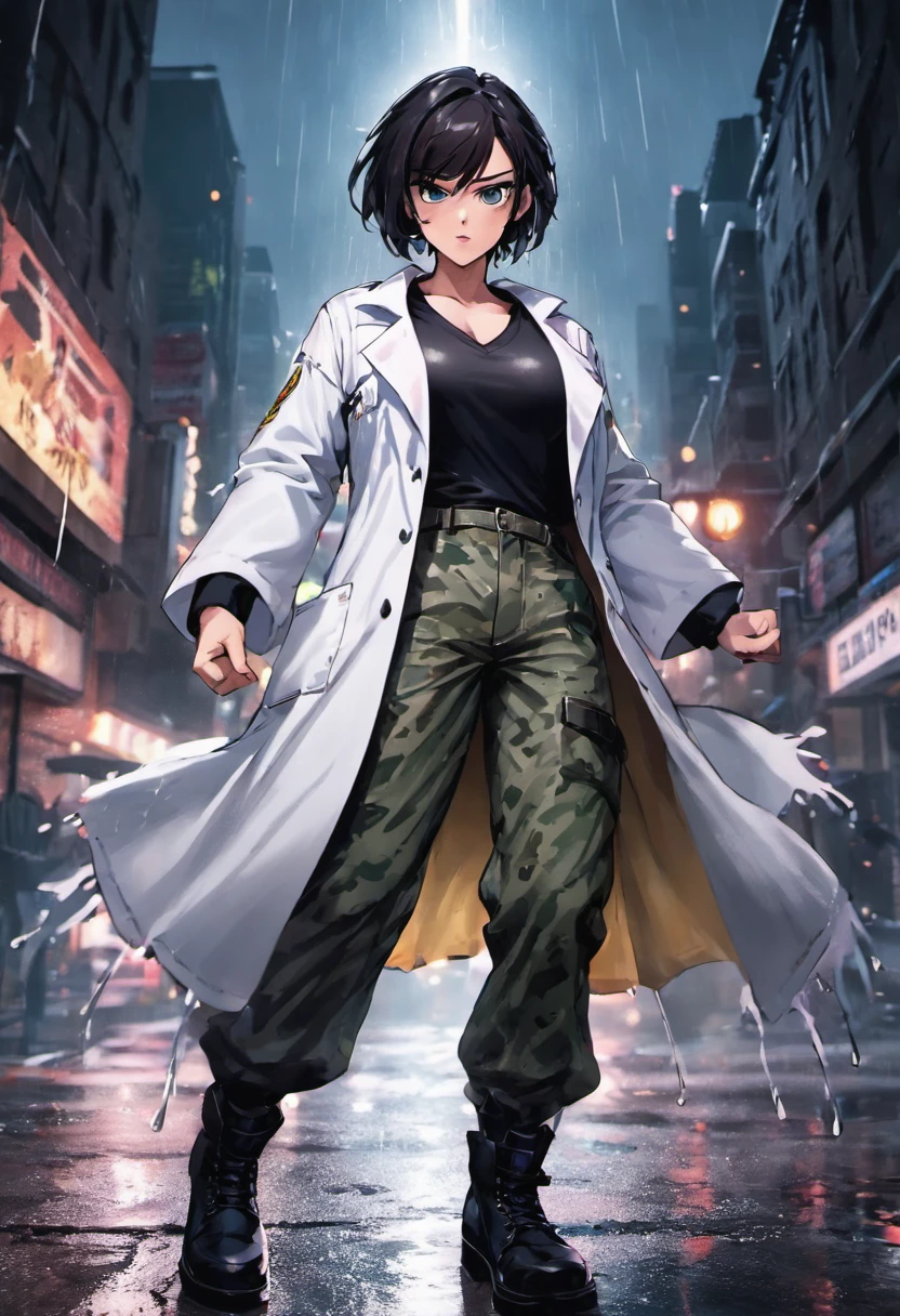 Close-up photos, Dark hair,White thick highlights, Doctor's lab coat over black V-neck T-shirt,Wearing camouflage pants and black military boots, In the rainy city at night, Photorealistic, Cinematic lighting