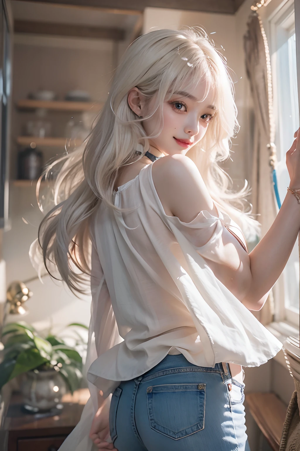 (from behind), ((upper Shot))、 (Photoreal Stick:1.2)、8K UHD、hight resolution、(1 girl)、in her 20s、(white hair), (Medium Hair)、(Pattsun bangs)、((The best smile))、(High quality shadows)、Detail Beautiful delicate face、Detail Beautiful delicate eyes、Pretty Kpop Girl、(Korean Urzan Face)、(ulzzang -6500-v1.1:0.6)、pureerosface_v1、gloweyes、perfectbody、 Incredible dynamic range photography(UTIL_Art by Smoose-768:1.1),(wetting hair)、(wetted skin)、 teak、Bright red lipstick、Glossy lips、(a choker)、((Brown eyes))、((Beautiful Finger))、 Shiny hair、Description beautiful delicate hair、(Lustrous skin)、(inside in room)、(tshirts)、denim pant、Standing by the window, with open arms and bathing in the dazzling morning sun all over his body、
