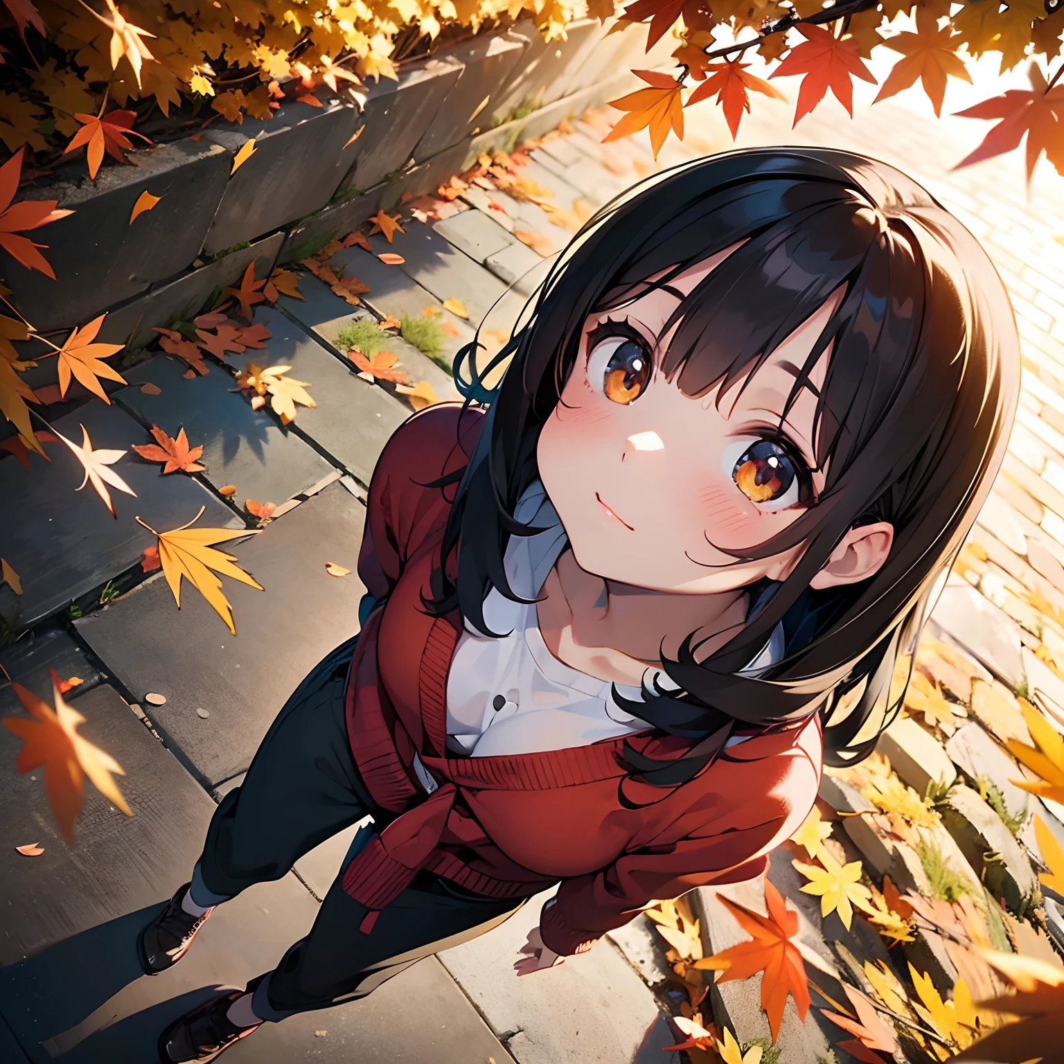 (in 8K, Raw photo, Best Quality, masutepiece:1.2), (Realistic, Photorealsitic:1.37), Best Quality, 超A high resolution,kawaii,Cute,1girl in,Natural lighting,autumnal,Colored leaves,mont,Heap of fallen leaves,(Girl looking up:1.5),(Viewpoint from above),Depth of subject,Cardigan,shortpants,Middle hair,Straight hair,full body Esbian,Focus on the face