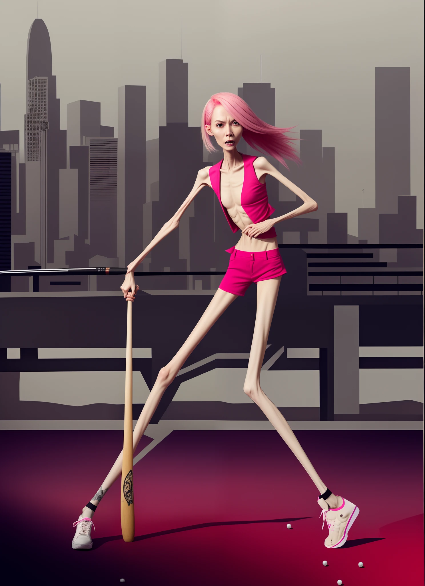 A thin woman with pink hair and a baseball bat, Emaciated body and hungry stomach，Very slim waist and legs，anger expression，Thin figure，Sunken abdomen
