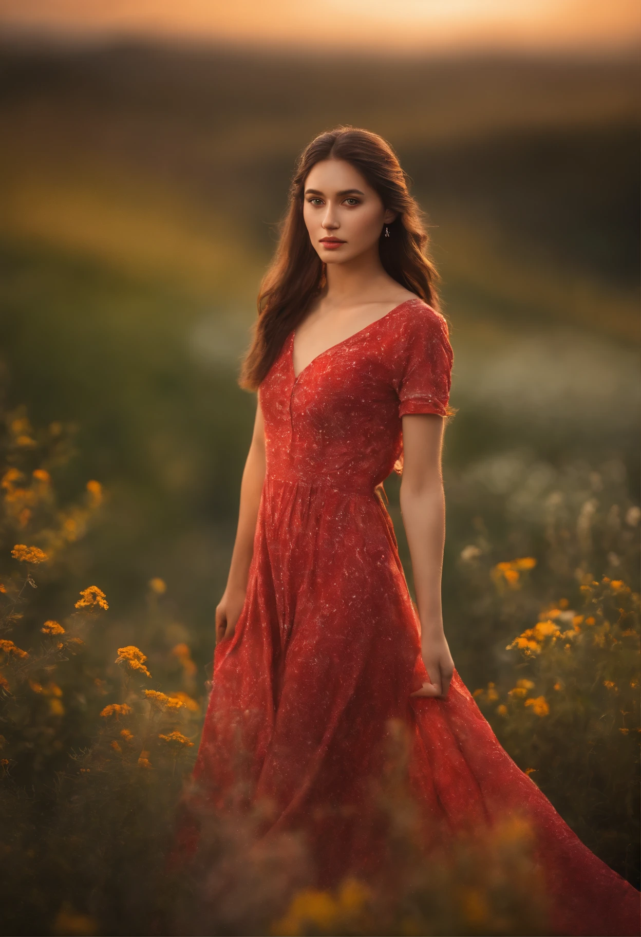 a girl in a red flowing dress, standing on a grassy hill, with a gentle breeze blowing through her hair. She is surrounded by a colorful field of blooming flowers. The girl's eyes are bright and filled with wonder, while her lips are delicately curved into a soft smile. The sunlight filters through the clouds, casting a warm golden glow on the scene. The overall image quality is of the best quality, with ultra-detailed and realistic elements. The art style is reminiscent of a beautiful oil painting, with vibrant colors and soft brushstrokes. The color palette is dominated by warm tones, with a mix of rich reds, vibrant yellows, and lush greens. The lighting is warm and inviting, highlighting the girl's features and creating a sense of tranquility and serenity.