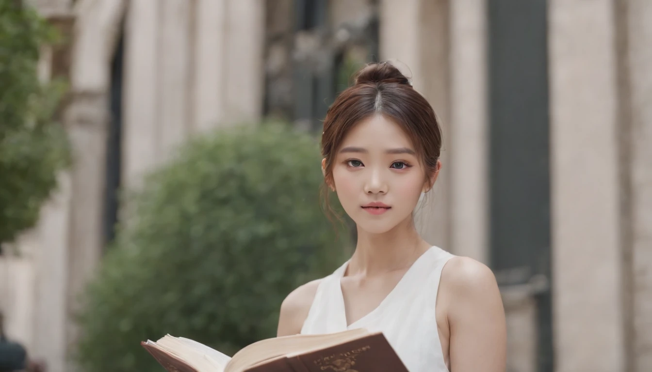 holding a book,kpop idol,bun hair、portlate、paris street,short pants