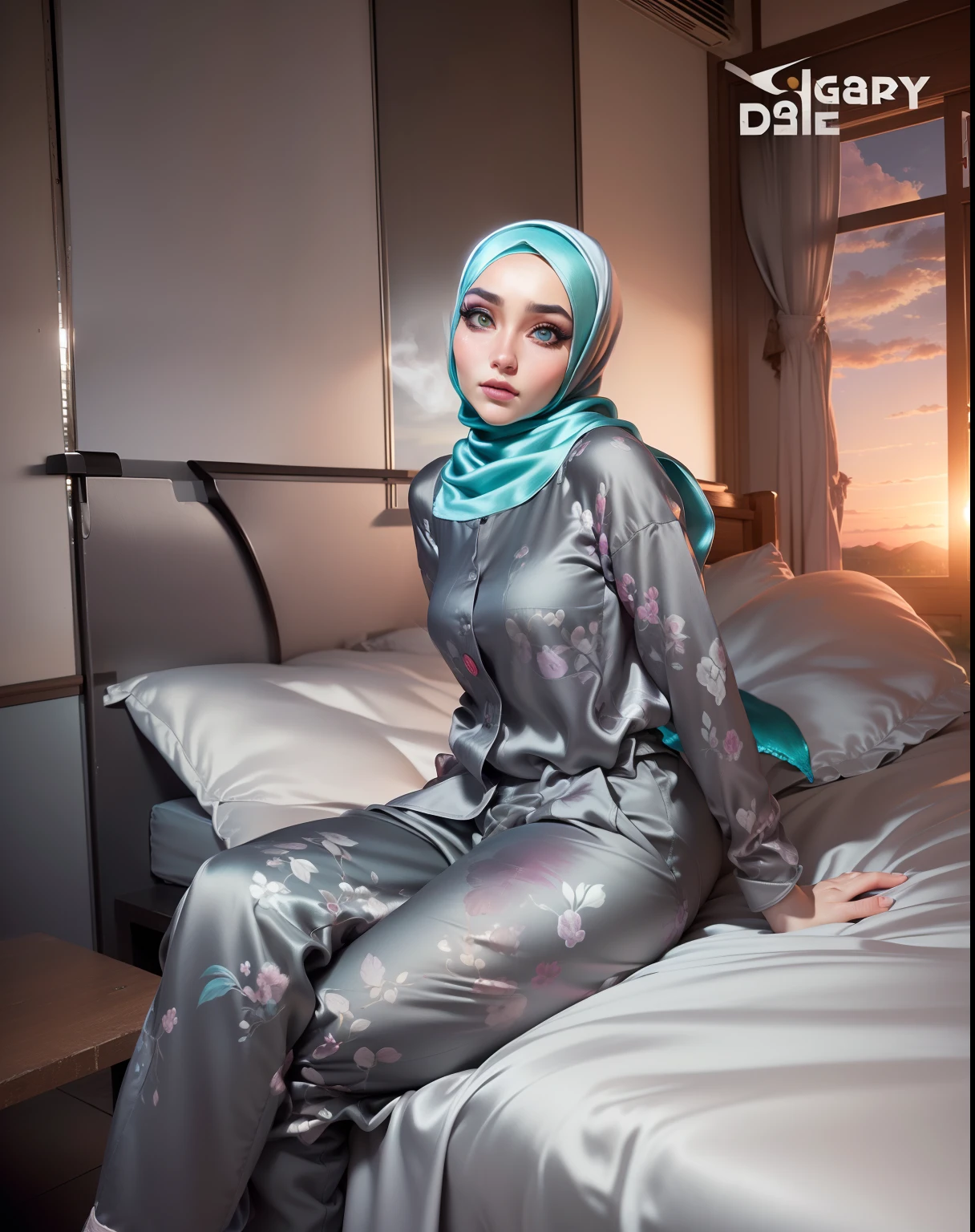 3DMM, ((Masterpiece, best quality, photography, detailed skin, realistic, photo-realistic, 8k, highly detailed, full length frame, High detail RAW color art, diffused soft lighting, shallow depth of field, sharp focus, hyperrealism, cinematic lighting, hijab, a woman in a beautifully makeup, smokey eyeshadow, beautiful big eyes, long eye lashes, wearing (aqua satin hijab), loosely tide hijab style, ((gray satin shirt)), satin long pants, walking in the middle of the meadow, The background is the village, sunset,