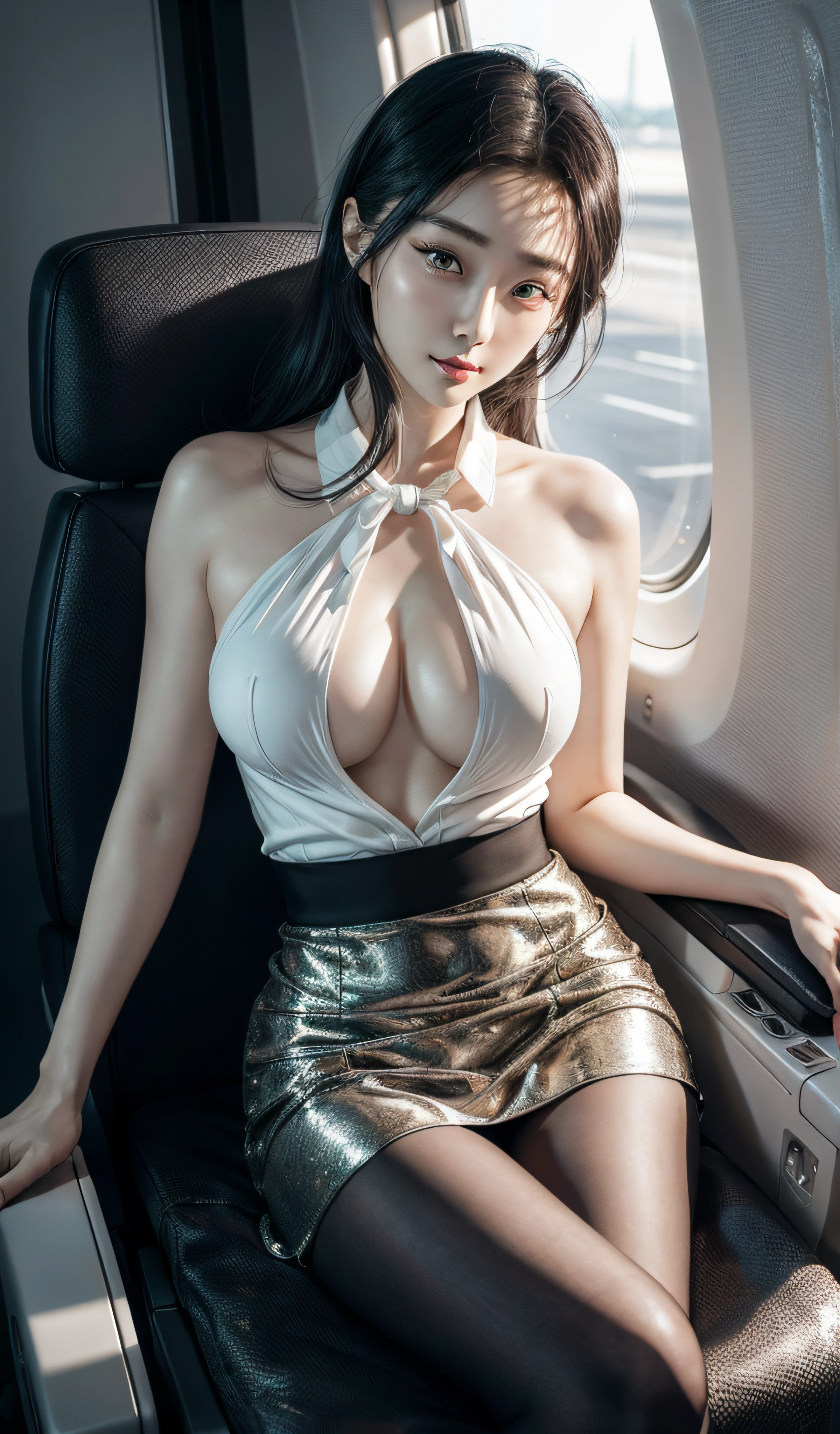 8K, Masterpiece, RAW photo, Best quality, Photorealistic, Extremely detailed CG unifies 8K, 8K, Diamond, and wallpaper, Depth of field, Cinematic light, Lens flare, Ray tracing, (Extremely beautiful face, Beautiful lips, Beautiful eyes), intricate detail face, ((ultra detailed skin)) 1girll, In the dark, deepshadow, Pretty Korean girl, Kpop idol, Photo of a sexy woman sitting in an airplane seat,Wearing a white flight attendant uniform,pleatedskirt,(Very slim and slender muscular body:1.3), (Flesh-colored pantyhose:1.3),White standard flight attendant uniform, ((huge tit:1.1)),Wide buttock,being thin,Redlip,黑The eye,(unholy:0.9),Cross ed leg,(textured fabrics:0.9),looking at viewert, (Pale skin), (Big eyes),(ssmile:0.8),flirting to the camera,(metallic fabric:0.5),extremly intricate,(realisticlying,primitive:1.5), Sideslit, (bblurry:0.9), detail in face, poor quality photo, hight contrast, inside airplane, Slender, bow-shaped, (birthmark:0.4)