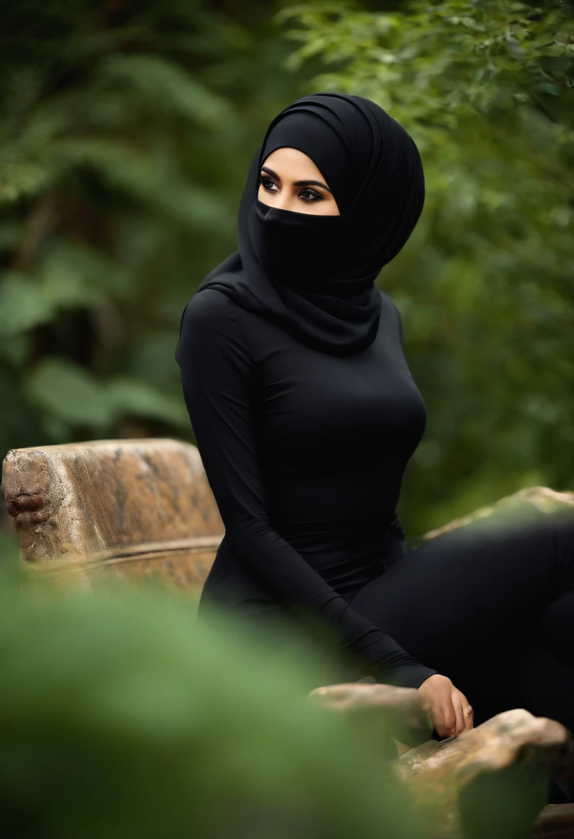 Woman in hijab. Wearing black color skin tight clothing. Clothing so tight it is like a part of the skin