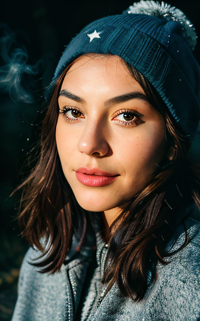 Photorealistic, Best Quality, hyper detailed, a handsome female, selfie photo, upper-body, 独奏, wearing pullover, exteriors, (night time), mountains, True nature, Stars, luna, (cheerful, Happy), sleeping bag, gloves, sweater, beanie, flashlight, woods, rocks, rivers, woods, Smoke, mist, clean sky, analog style, looking a viewer, skin texture, Film grain, close up, extra high resolution, better shadow, Raw, инстаграм LUT