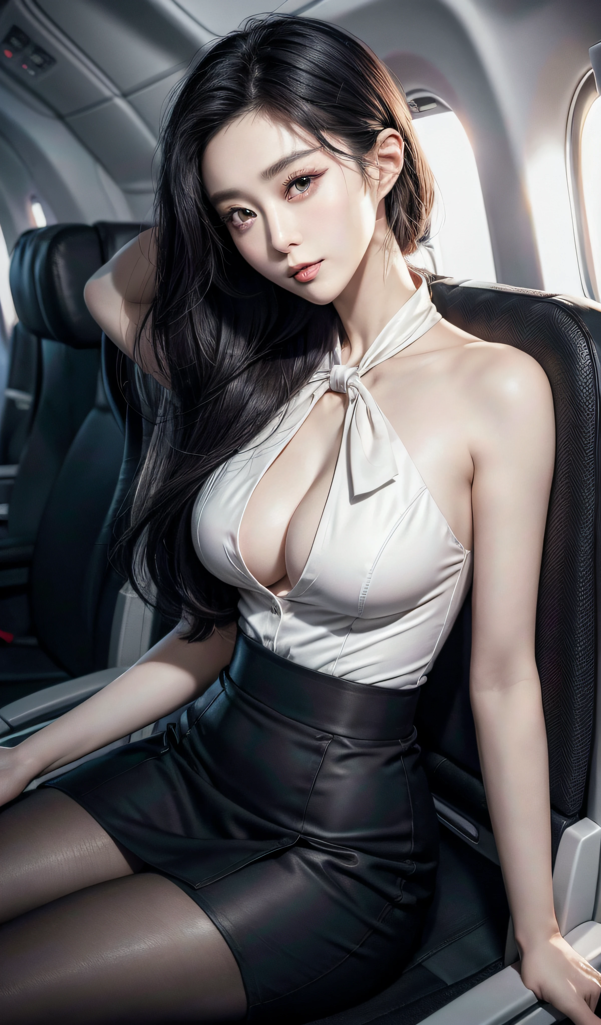8K, Masterpiece, RAW photo, Best quality, Photorealistic, Extremely detailed CG unifies 8K, 8K, Diamond, and wallpaper, Depth of field, Cinematic light, Lens flare, Ray tracing, (Extremely beautiful face, Beautiful lips, Beautiful eyes), intricate detail face, ((ultra detailed skin)) 1girll, In the dark, deepshadow, Pretty Korean girl, Kpop idol, Photo of a sexy woman sitting in an airplane seat,Wearing a white flight attendant uniform,pleatedskirt,(Very slim and slender muscular body:1.3), (Flesh-colored pantyhose:1.3),White standard flight attendant uniform, ((huge tit:1.1)),Wide buttock,being thin,Redlip,黑The eye,(unholy:0.9),Cross ed leg,(textured fabrics:0.9),looking at viewert, (Pale skin), (Big eyes),(ssmile:0.8),flirting to the camera,(metallic fabric:0.5),extremly intricate,(realisticlying,primitive:1.5), Sideslit, (bblurry:0.9), detail in face, poor quality photo, hight contrast, inside airplane, Slender, bow-shaped, (birthmark:0.4)