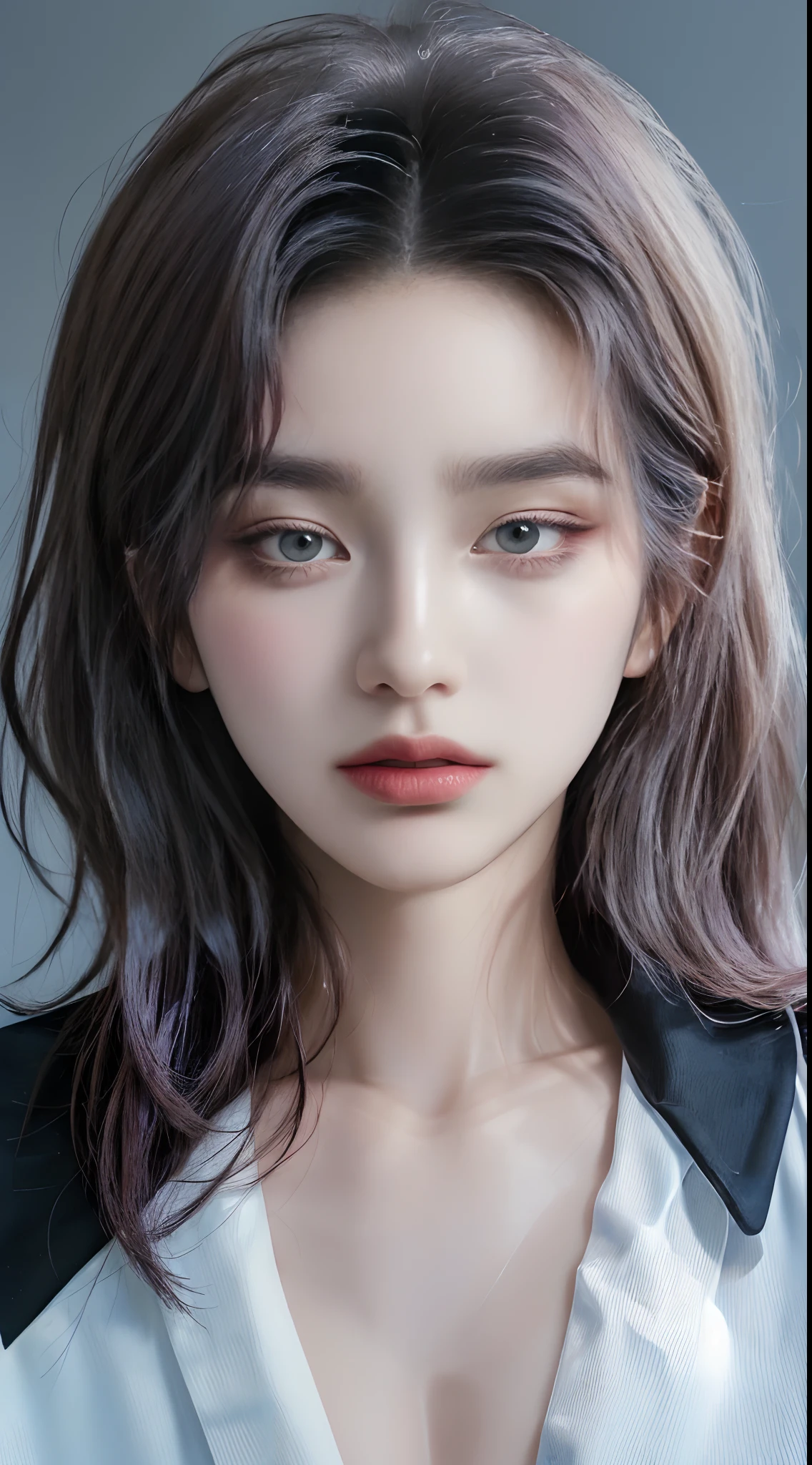 ((4K works))、​masterpiece、（top-quality)、((high-level image quality))、((one beautiful women))、Slim body、((Black Y Shirt Fashion))、(Detailed beautiful eyes)、Black background、((Face similar to Chaewon in Ruseraphim))、((Half Up Hairstyles))、((bright silver hair))、((Smaller face))、((Neutral face))、((Light blue eyes))、((Korean Women))、((18year old))、((Wild Lady))、((Glaring at him with a wild expression))、((Dark Korean Makeup))、((elongated and sharp eyes))、((Shot alone))、