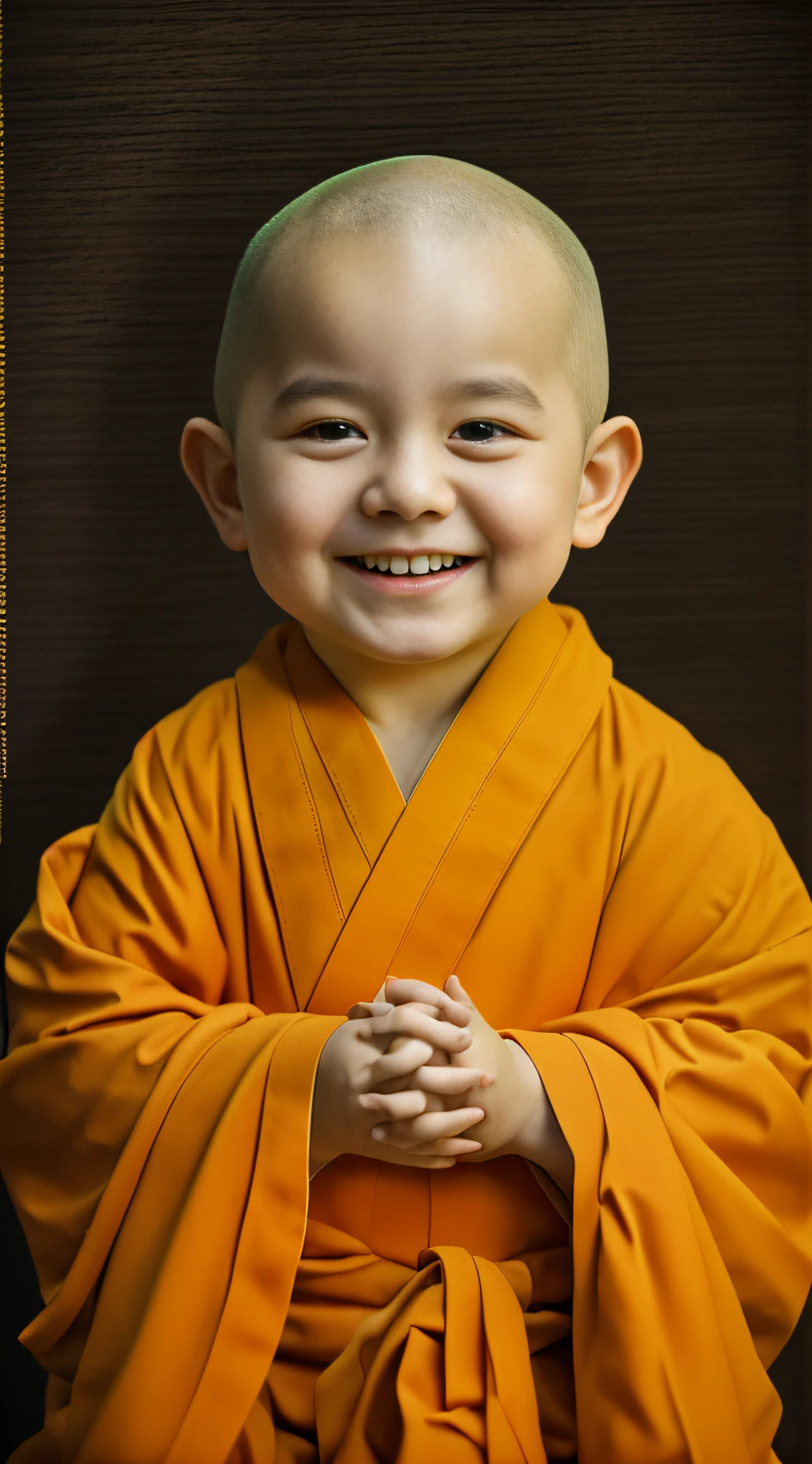 A six-year-old Chinese monk, Cute baby,big laughter ,Baby fat, Particularly round head, bald-headed, Big eyes, White robes, Meditating, Smiling, facing up