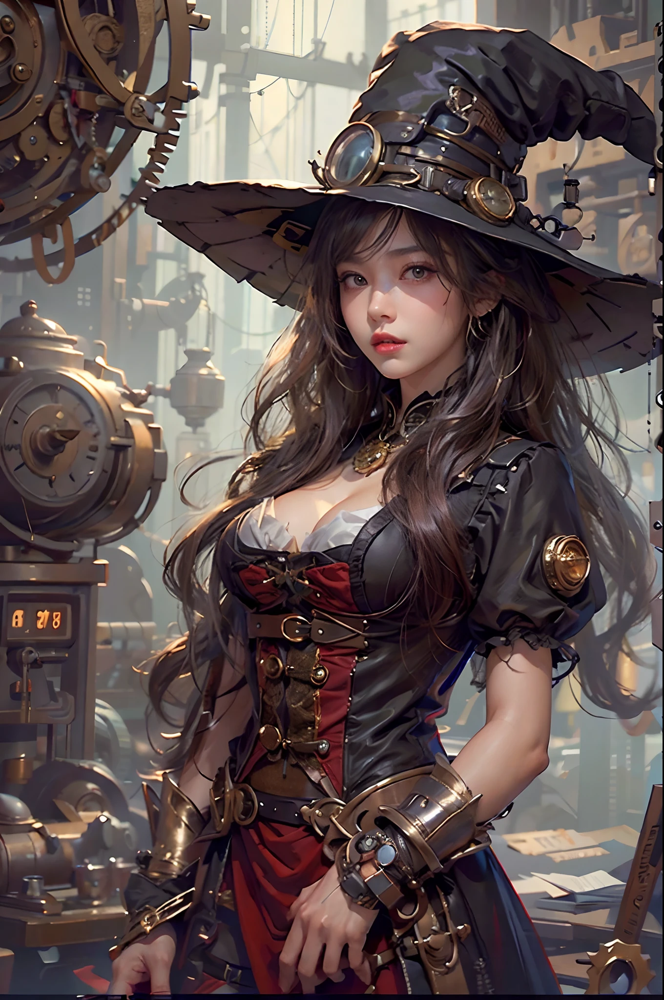 (masterpiece), (best quality), 8k resolution, 1girl, Asian girl, stunning beauty, perfect face, mature female, 20yo, sexy, steampunk, witch hat, at the workshop