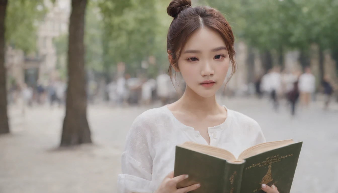 holding a book,kpop idol,bun hair、portlate、paris street,short pants