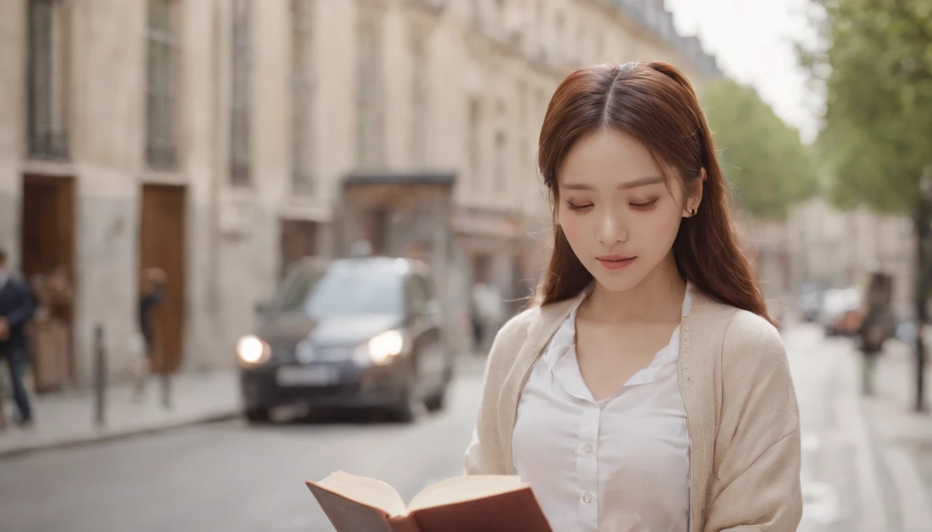 holding a book,kpop idol,bun hair、portlate、paris street,short pants