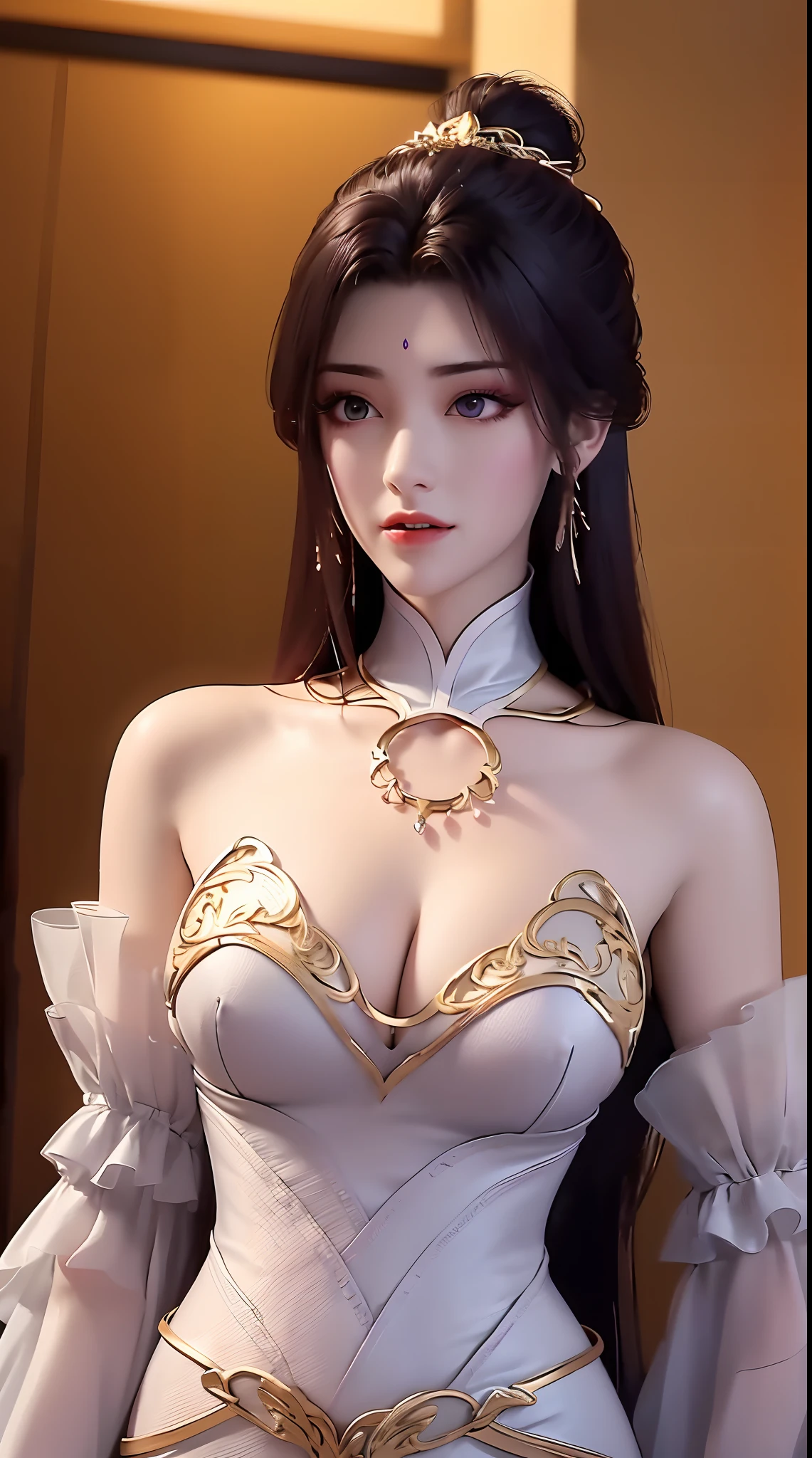 1 sexy beautiful girl wearing a sexy white lace off-the-shoulder red season long dress, thin dress with many eye-catching patterns decorated with 24k gold, ((sexy slim skirt: 0.8)), golden iridescent aura, bust out, show off her round bust, deep slit shirt, long black purple hair, the most beautiful and detailed hair jewelry, beautiful little face thin eyebrows, the most beautiful and spotless face, ((Yellow iris:0.8)), the very beautiful eyes, big round eyes, purple eyes, fine and detailed makeup eyelashes, high nose, wearing earrings, small red lips, rosy face, clean face, beautiful face without blemish, smooth white skin, ((big breasts: 0.9)), Blums boobs, ((big and super round breasts:0.9)), ((super tight breasts:1.2)), ((breast augmentation: 0.8)), beautiful breasts, fit body, ((thin waist: 0.9)), upper body of a beautiful girl, Hot and sexy petite body, sexy girl, hands hanging down, 8k photo, super high quality, super realistic, 10x super pixels, photo realistic, dark studio, border light, two tone light, (detailed skin high: 1.2), 8k uhd, dslr, soft light, high quality, volumetric light, candid, Photo, high resolution, light, best photo, 4k quality, 8k, Bokeh, Smooth and sharp, pixel up 10 times, ((thunder effect: 2.0)), (galaxy: 1.7), aurora, lightning, super graphics, the most realistic graphics,(Aurora Background: 1.8), alone, solo, portrait 9:16,
