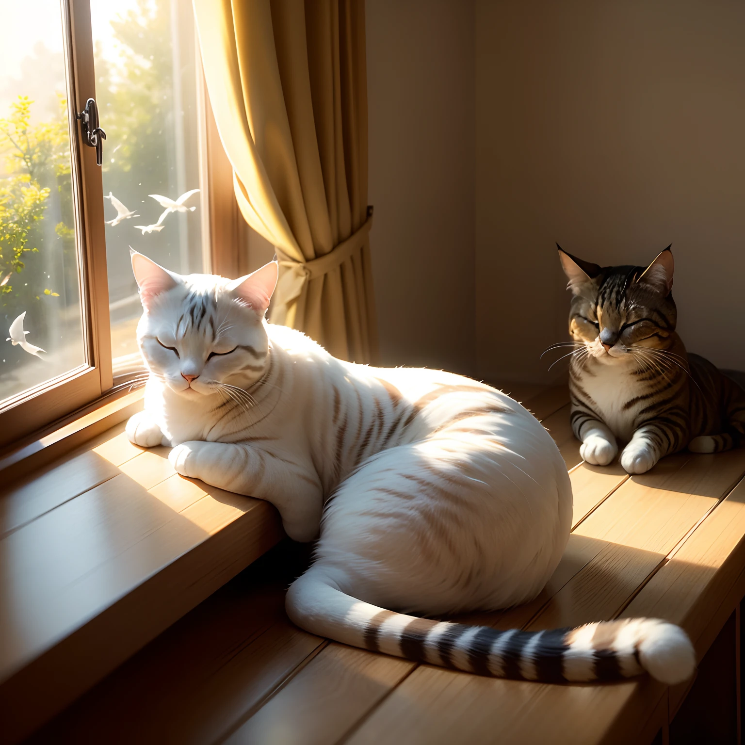 Warm sunlight from the windowsill shines into the room、Gently warm the cat's fur。Cat sits behind curtain by window、I enjoy the soft sunbathing。The coat is、By being illuminated by sunlight、It shines like a sparkle。
Silence spreads in the room、sometimes、I hear the quiet purr of the cat。The cat slowly closes its eyes、Although sometimes you may fall into a deep sleep、Occasionally put up ears、Listen to the birds chirping and breeze outside。
Outside the window、Wind leaves々Rocking、Birds are dancing freely。The cat watched the scene、Quietly immersed in my own little world。After a while、The cat again falls into a deep sleep、A room filled with a calm sense of happiness、Idyllic and peaceful。