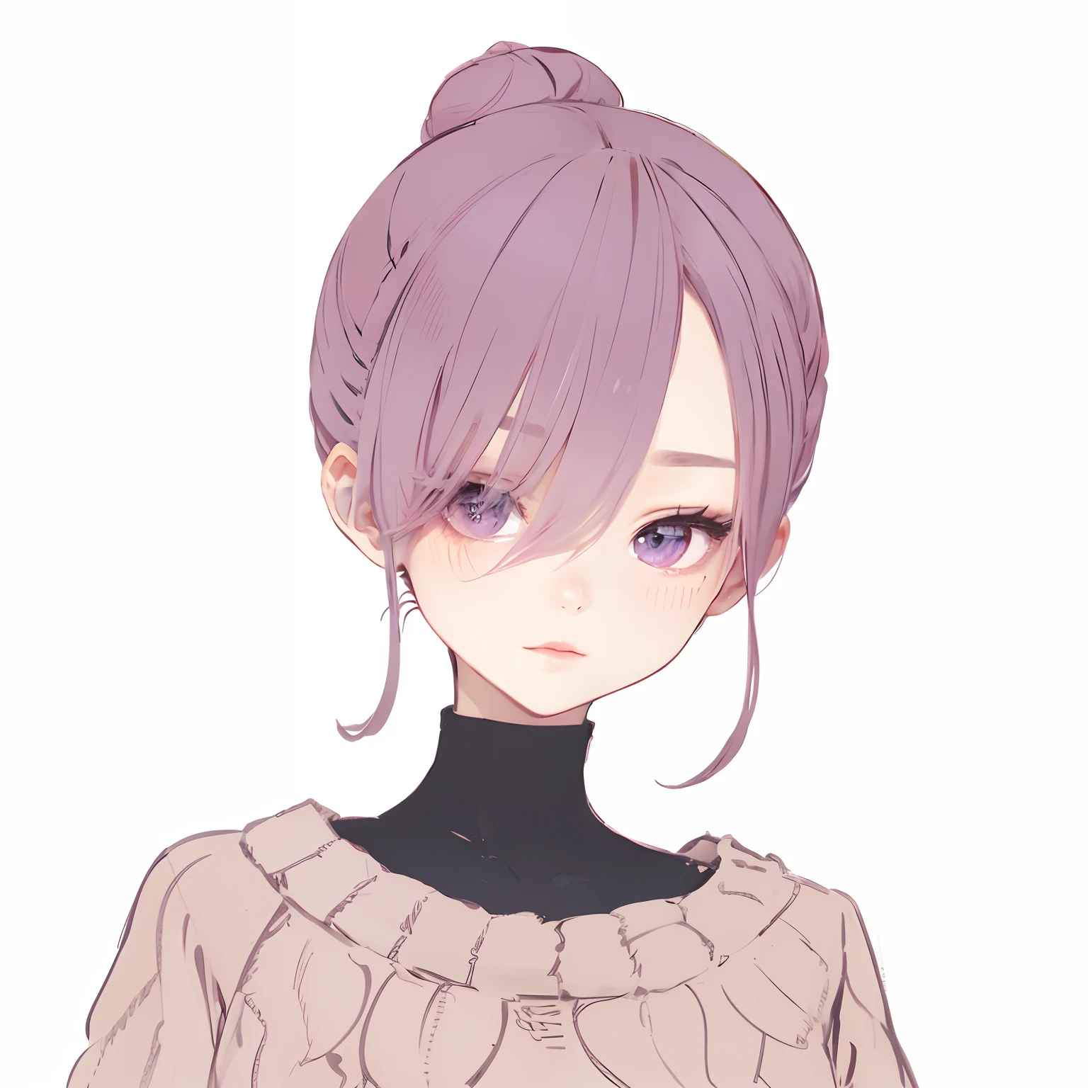 A beautiful girl with a 79BAE color bun hair style、Draw a Japan anime character with cat eyes and a wistful expression。She is slender and、It's one girl wearing knitwear。