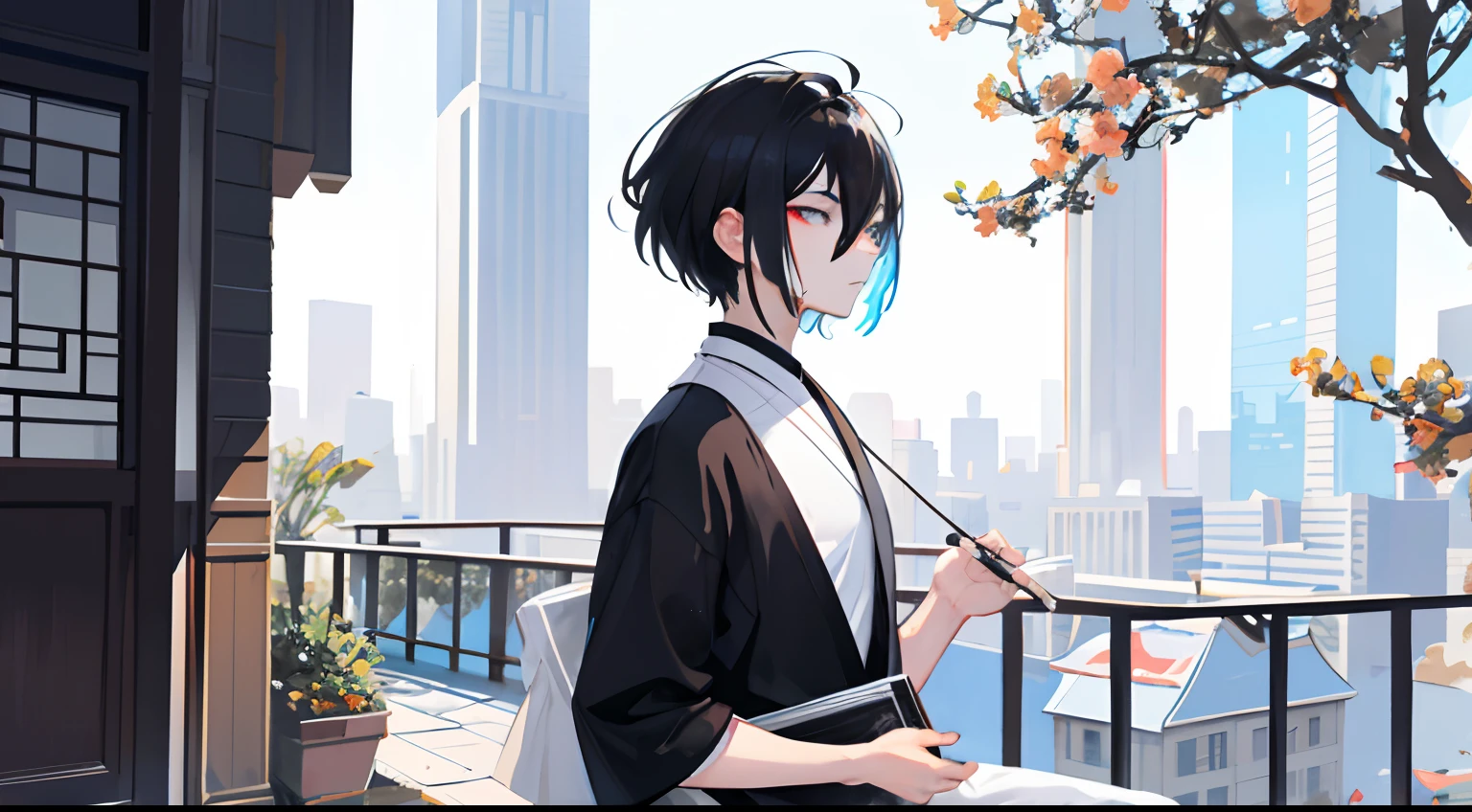 A painting of an adult male with short black hair,He is a Chinese medicine practitioner by profession,He wears a white top and a black summer dress,He was looking at the scenery in the city,Beautiful digital illustration, stunning digital illustration, colorful digital painting, Inspiring digital art, Stylized digital art