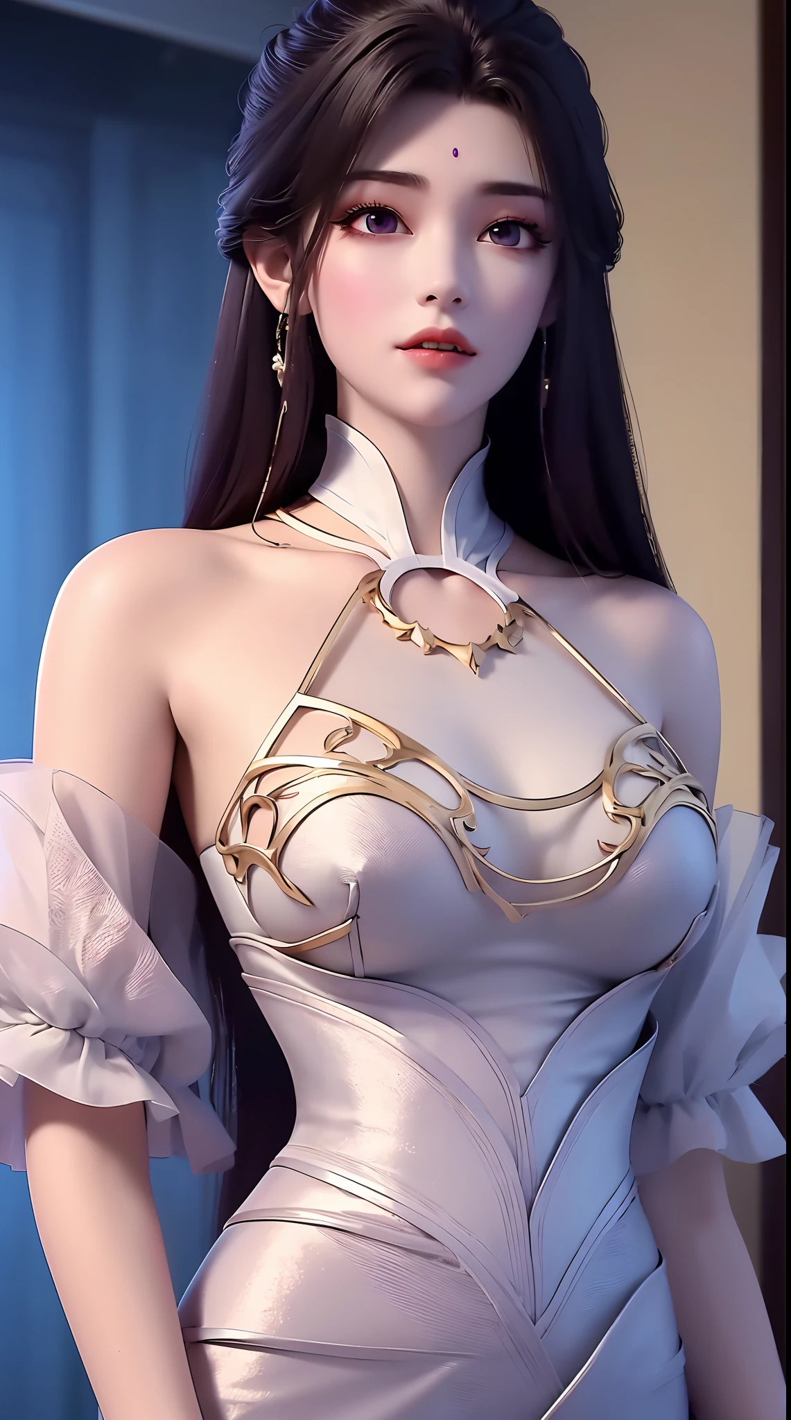 1 sexy beautiful girl wearing a sexy white lace off-the-shoulder red season long dress, thin dress with many eye-catching patterns decorated with 24k gold, ((sexy slim skirt: 0.8)), golden iridescent aura, bust out, show off her round bust, deep slit shirt, long black purple hair, the most beautiful and detailed hair jewelry, beautiful little face thin eyebrows, the most beautiful and spotless face, ((Yellow iris:0.8)), the very beautiful eyes, big round eyes, purple eyes, fine and detailed makeup eyelashes, high nose, wearing earrings, small red lips, rosy face, clean face, beautiful face without blemish, smooth white skin, ((big breasts: 0.9)), Blums boobs, ((big and super round breasts:0.9)), ((super tight breasts:1.2)), ((breast augmentation: 0.8)), beautiful breasts, fit body, ((thin waist: 0.9)), upper body of a beautiful girl, Hot and sexy petite body, sexy girl, hands hanging down, 8k photo, super high quality, super realistic, 10x super pixels, photo realistic, dark studio, border light, two tone light, (detailed skin high: 1.2), 8k uhd, dslr, soft light, high quality, volumetric light, candid, Photo, high resolution, light, best photo, 4k quality, 8k, Bokeh, Smooth and sharp, pixel up 10 times, ((thunder effect: 2.0)), (galaxy: 1.7), aurora, lightning, super graphics, the most realistic graphics,(Aurora Background: 1.8), alone, solo, portrait 9:16,