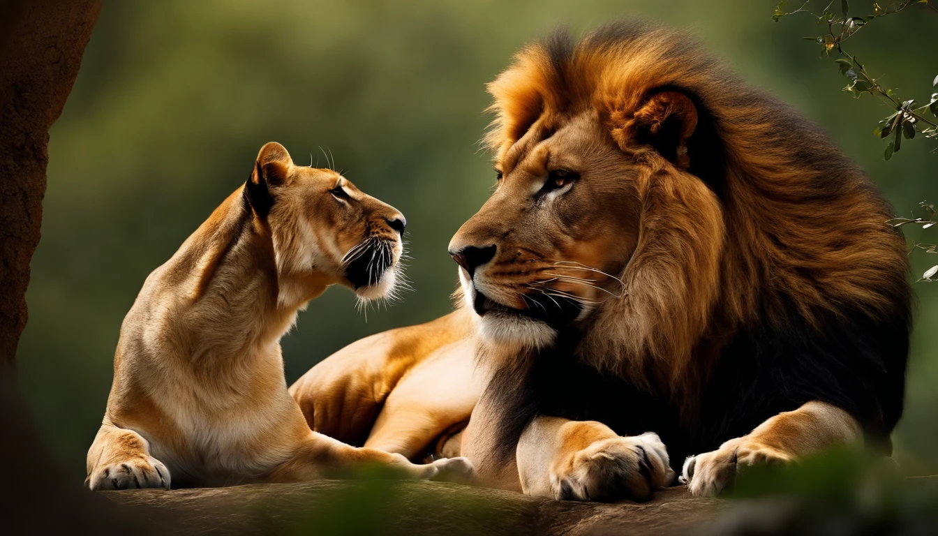 (La mejor calidad,4k,8k,Altas Resoluciones,Obra maestra:1.2), Ultra detallado, (realista,fotorrealista,fotorrealista:1.37), A majestic lion and a ferocious tiger face off in a showdown, Ojos detallados de ambos animales, mirada intensa, Cuerpos fuertes y musculosos, pelaje brillante, Expresiones feroces, Postura poderosa, An epic battle between the king of the jungle and a ferocious predator, colores vibrantes, Dramatic lighting, Los leones y tigres representan la fuerza y el poder en la naturaleza, Una escena sobrecogedora, Tension and anticipation in the air, Un gran enfrentamiento entre dos majestuosas criaturas.