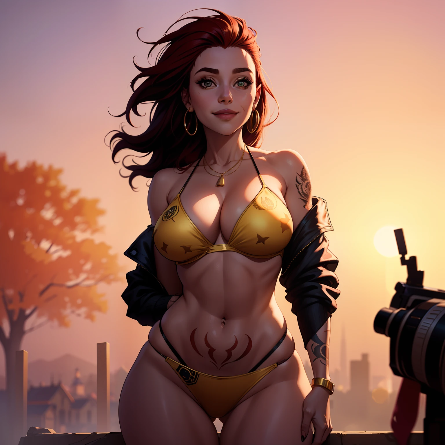 Professional photograph of a Beautiful woman, RAW 8k DSLR photo, a witch, very curvy athletic body, long flowing messy red hair, perfect Irish face, excellent artistic proportions to face, perfect body, wearing a gorgeously patterned bikini under a furry puffy intricately sewn jacket draped on her arms off shoulder, wide, punk aesthetic, many tattoos, occult jewelry, wide hips, thick thighs, performing magic, backlight, raytracing, sub surface scattering, sharp focus, blurry background, incredible detail to texture and skin and clothes, low camera angle looking up, autumn, setting: fantasy village , light smile, golden hour, colorful dynamic lighting, cinematic, photorealistic, masterpiece