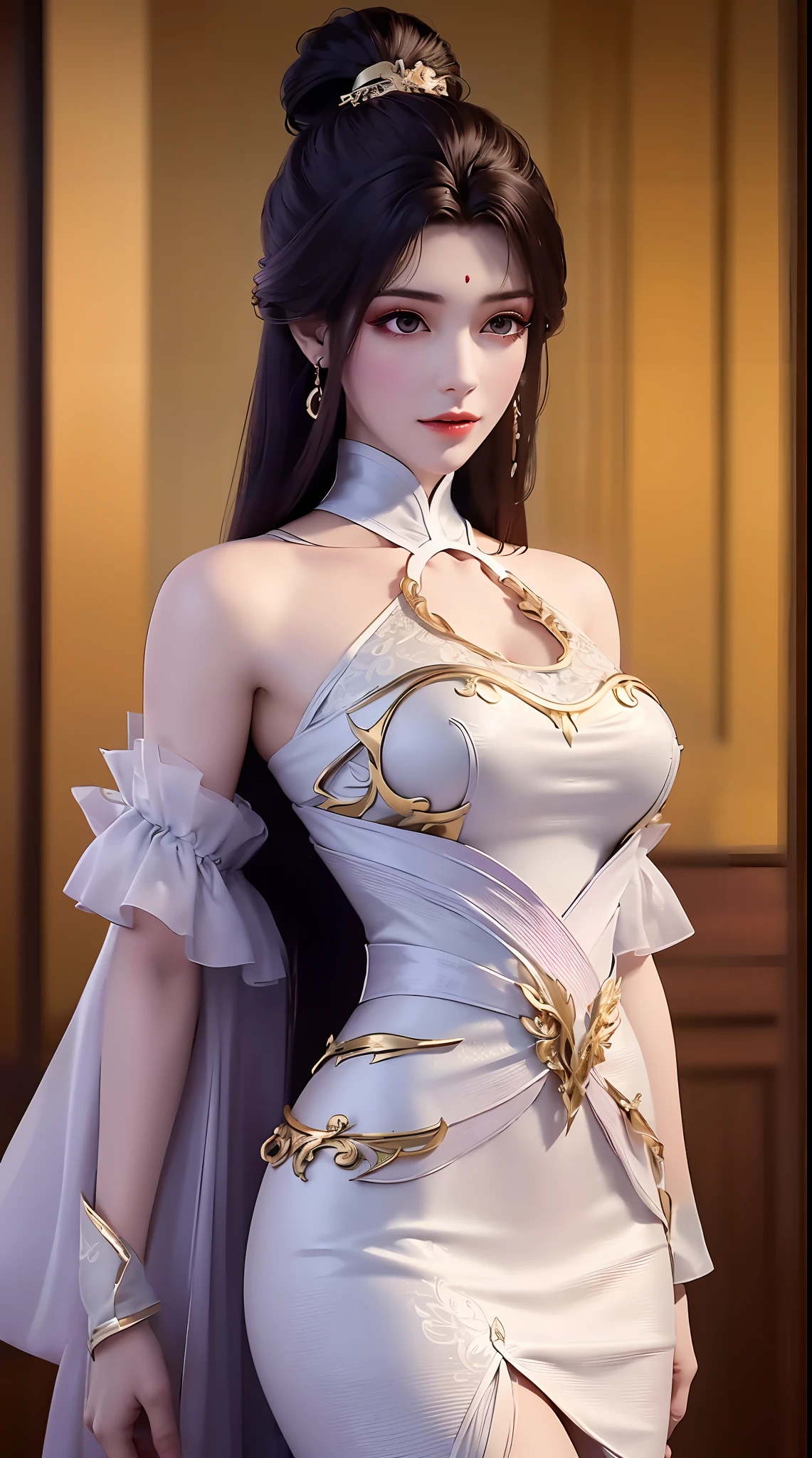 1 sexy beautiful girl wearing a sexy white lace off-the-shoulder red season long dress, thin dress with many eye-catching patterns decorated with 24k gold, ((sexy slim skirt: 0.8)), golden iridescent aura, bust out, show off her round bust, deep slit shirt, long black purple hair, the most beautiful and detailed hair jewelry, beautiful little face thin eyebrows, the most beautiful and spotless face, ((Yellow iris:0.8)), the very beautiful eyes, big round eyes, purple eyes, fine and detailed makeup eyelashes, high nose, wearing earrings, small red lips, rosy face, clean face, beautiful face without blemish, smooth white skin, ((big breasts: 0.9)), Blums boobs, ((big and super round breasts:0.9)), ((super tight breasts:1.2)), ((breast augmentation: 0.8)), beautiful breasts, fit body, ((thin waist: 0.9)), upper body of a beautiful girl, Hot and sexy petite body, sexy girl, hands hanging down, 8k photo, super high quality, super realistic, 10x super pixels, photo realistic, dark studio, border light, two tone light, (detailed skin high: 1.2), 8k uhd, dslr, soft light, high quality, volumetric light, candid, Photo, high resolution, light, best photo, 4k quality, 8k, Bokeh, Smooth and sharp, pixel up 10 times, ((thunder effect: 2.0)), (galaxy: 1.7), aurora, lightning, super graphics, the most realistic graphics,(Aurora Background: 1.8), alone, solo, portrait 9:16,