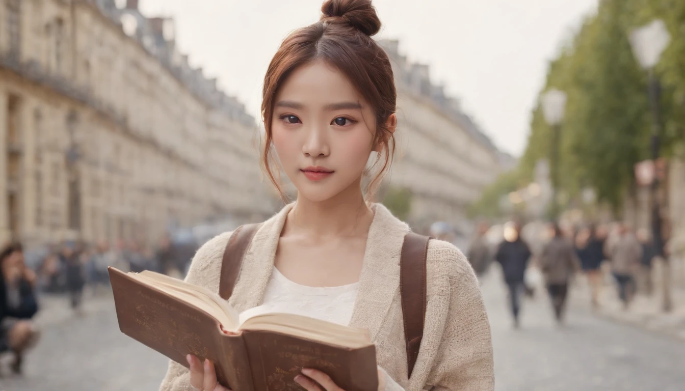 holding a book,kpop idol,bun hair、portlate、paris street,short pant