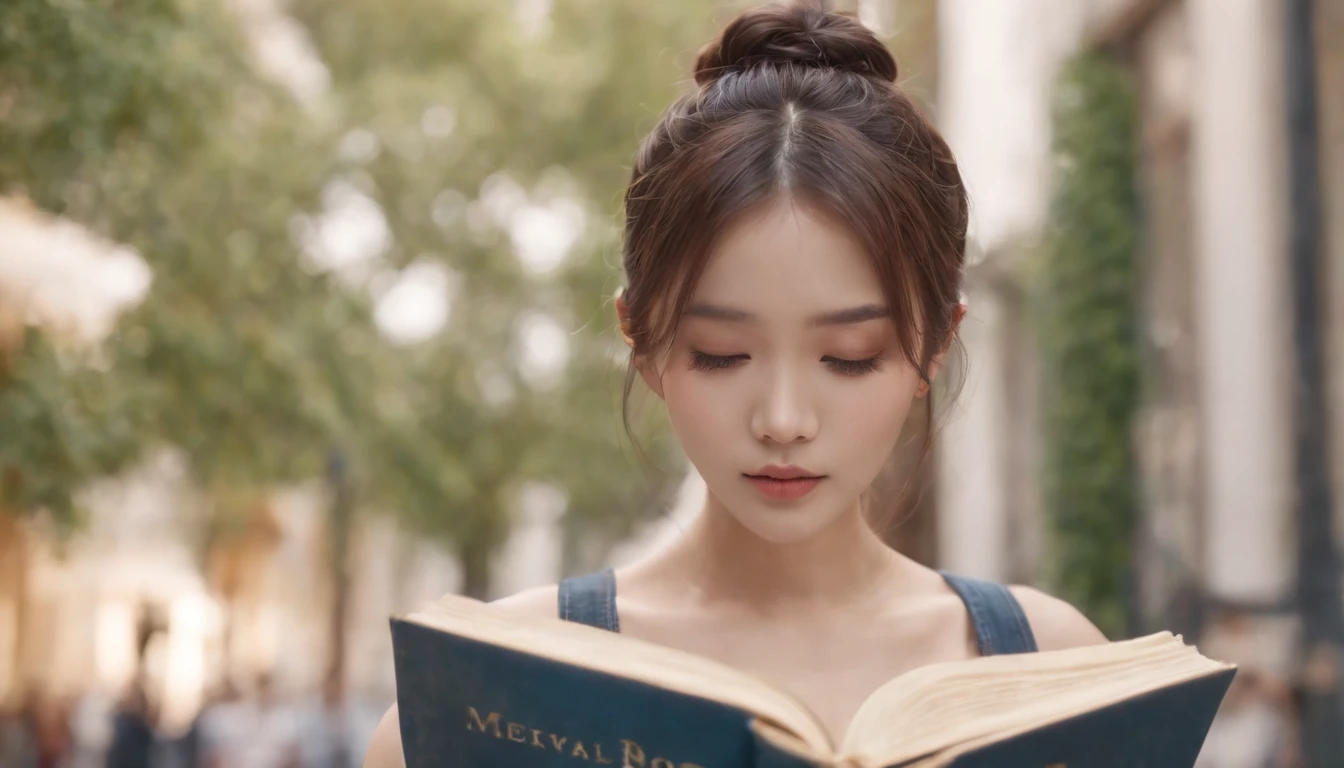 holding a book,kpop idol,bun hair、portlate、paris street,short pant