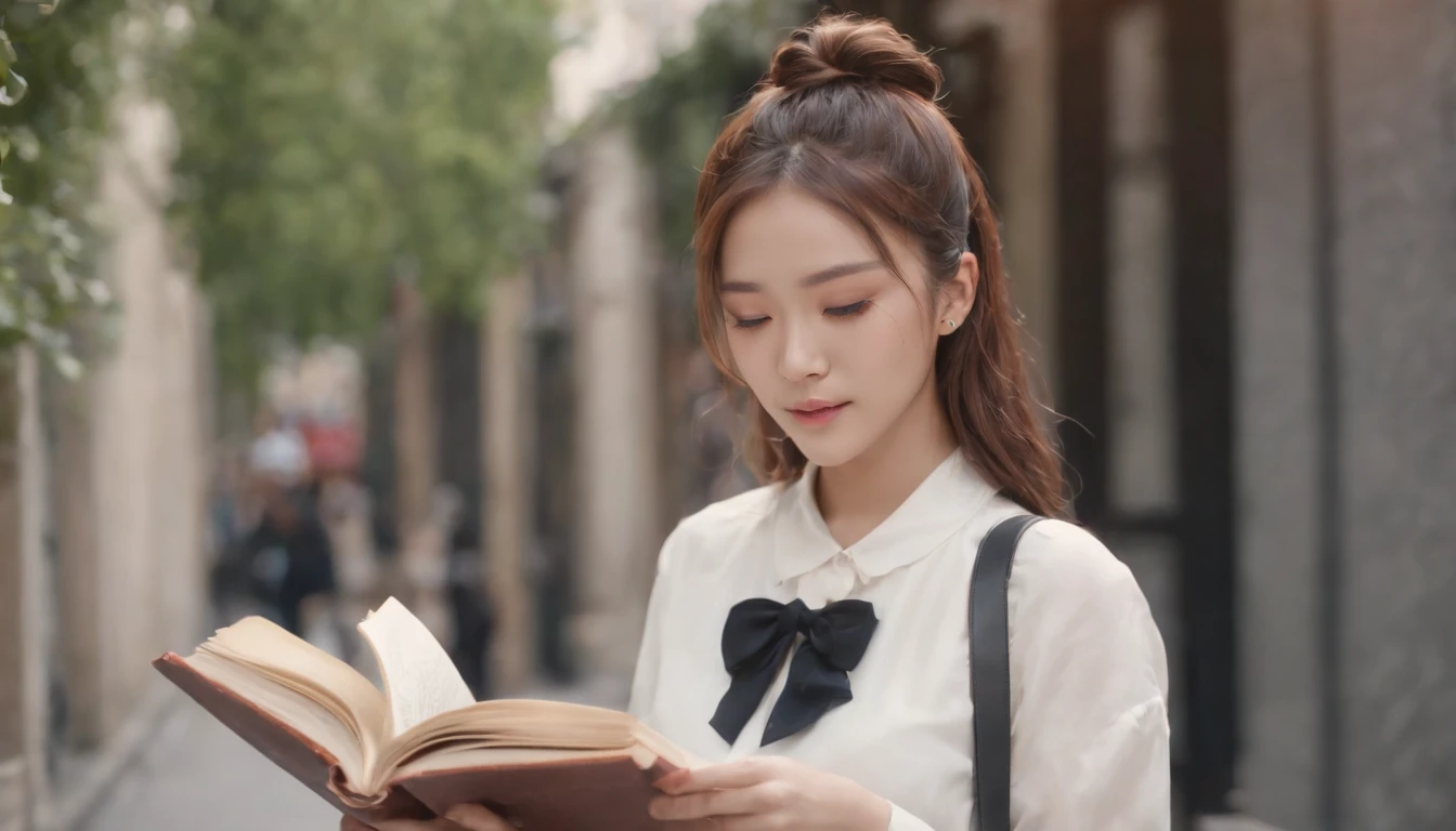 holding a book,kpop idol,bun hair、portlate、paris street,short pant