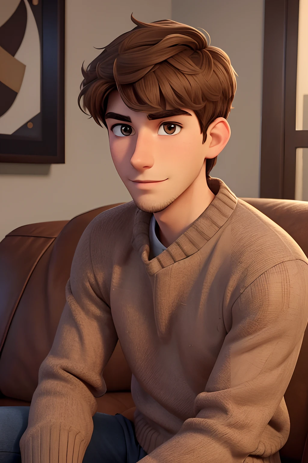 Ethan Williams, a young man of 19 years old, with medium-length brown hair, brown eyes, angular jaw, short stubble beard, lean body, cute and handsome, mature look, serious subtle smirk on face, wearing a sweater, close up shot sitting on the couch. 3d cartoon