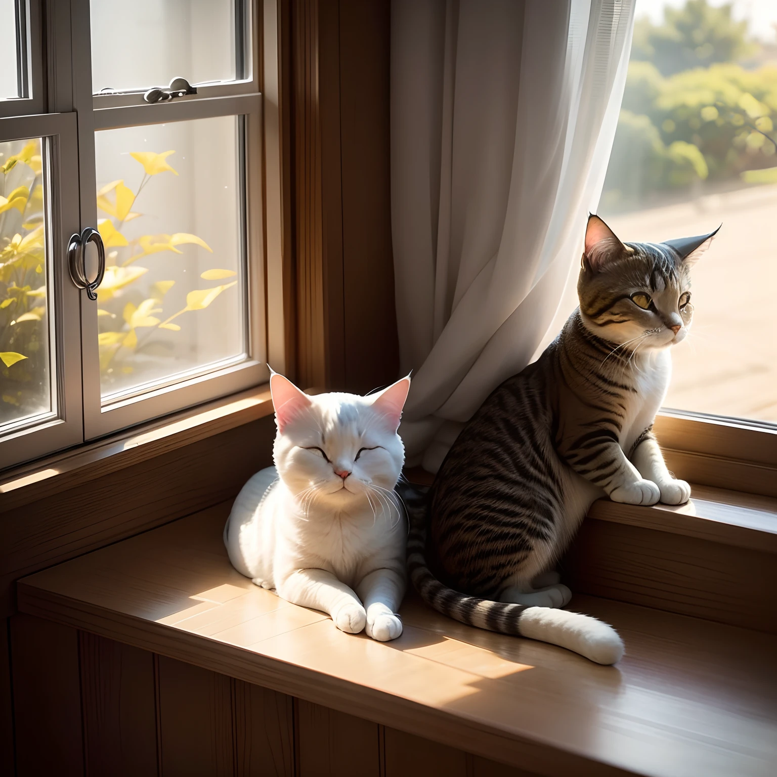 Warm sunlight from the windowsill shines into the room、Gently warm the cat's fur。Cat sits behind curtain by window、I enjoy the soft sunbathing。The coat is、By being illuminated by sunlight、It shines like a sparkle。

Silence spreads in the room、sometimes、I hear the quiet purr of the cat。The cat slowly closes its eyes、Although sometimes you may fall into a deep sleep、Occasionally put up ears、Listen to the birds chirping and breeze outside。

Outside the window、Wind leaves々Rocking、Birds are dancing freely。The cat watched the scene、Quietly immersed in my own little world。After a while、The cat again falls into a deep sleep、A room filled with a calm sense of happiness、Idyllic and peaceful。