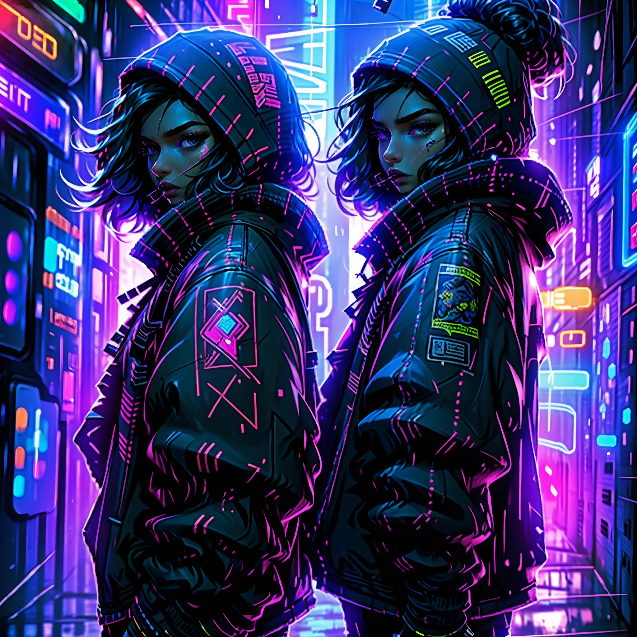 CyberpunkAI, neons, Two men in their 20s, elf, Street fashion, ,microphone , hood up, new york, Dynamic Pose, k-pop, Hip Hop