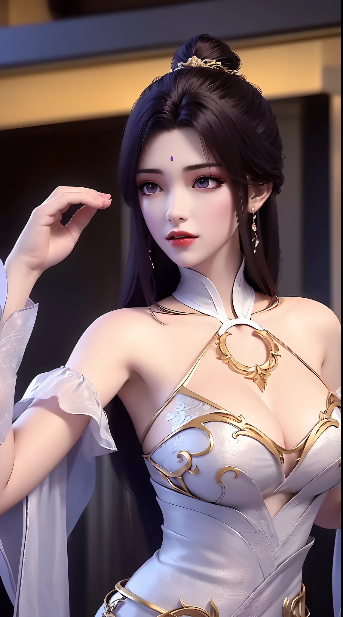 1 sexy beautiful girl wearing a sexy white lace off-the-shoulder red season long dress, thin dress with many eye-catching patterns decorated with 24k gold, ((sexy slim skirt: 0.8)), golden iridescent aura, bust out, show off her round bust, deep slit shirt, long black purple hair, the most beautiful and detailed hair jewelry, beautiful little face thin eyebrows, the most beautiful and spotless face, ((Yellow iris:0.8)), the very beautiful eyes, big round eyes, purple eyes, fine and detailed makeup eyelashes, high nose, wearing earrings, small red lips, rosy face, clean face, beautiful face without blemish, smooth white skin, ((big breasts: 0.9)), Blums boobs, ((big and super round breasts:0.9)), ((super tight breasts:1.2)), ((breast augmentation: 0.8)), beautiful breasts, fit body, ((thin waist: 0.9)), upper body of a beautiful girl, Hot and sexy petite body, sexy girl, hands hanging down, 8k photo, super high quality, super realistic, 10x super pixels, photo realistic, dark studio, border light, two tone light, (detailed skin high: 1.2), 8k uhd, dslr, soft light, high quality, volumetric light, candid, Photo, high resolution, light, best photo, 4k quality, 8k, Bokeh, Smooth and sharp, pixel up 10 times, ((thunder effect: 2.0)), (galaxy: 1.7), aurora, lightning, super graphics, the most realistic graphics,(Aurora Background: 1.8), alone, solo, portrait 9:16,