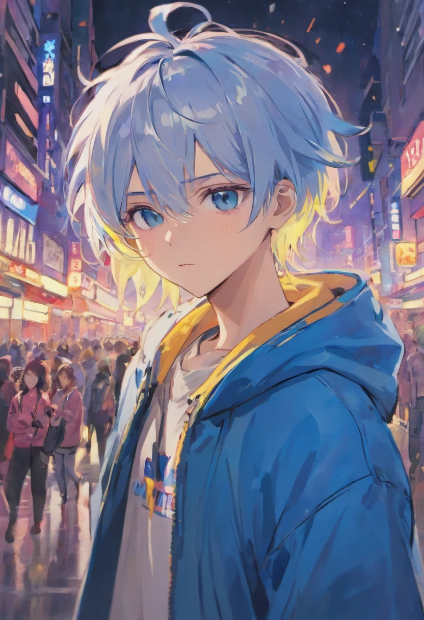 （tmasterpiece）， （best qualtiy）， （ultra - detailed）， A young man with short blue white gradient hair,  blue eyes,  Wears a student team jacket,  wear round transparent glasses, wearing headphones, front look ,  look at viewer， The upper part of the body， city， Flowingcolors， mostly cloudy sky，