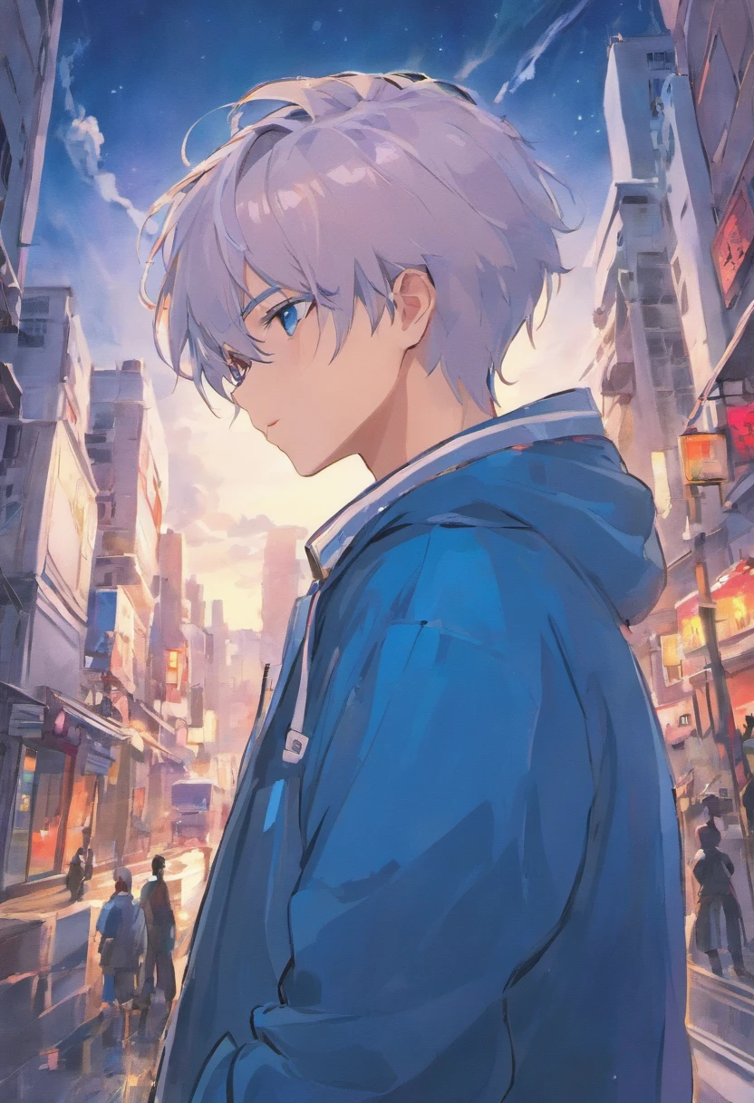(tmasterpiece), (best qualtiy), (ultra - detailed), A young man with short blue white gradient hair, blue eyes, Wears a student team jacket, wear round transparent glasses, wearing headphones, front look , look at viewer, The upper part of the body, city, Flowingcolors, mostly cloudy sky,