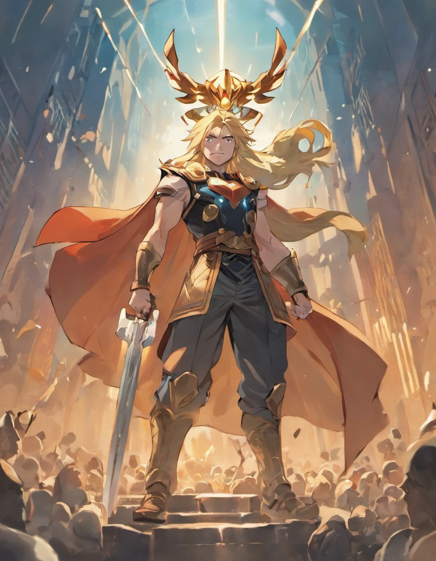 Thor taking his hammer Mjolnir from the giant Thrym,Style: Urban simplicity, Old money style, Reference brand TEME 2023. Moya Seoul 2023 colors: Peach, Amber brown, Orange-yellow details: The top is smart,Casual culottes with loose straps,White shirt material: linen, Cotton, Silk, fleece, Full body front design