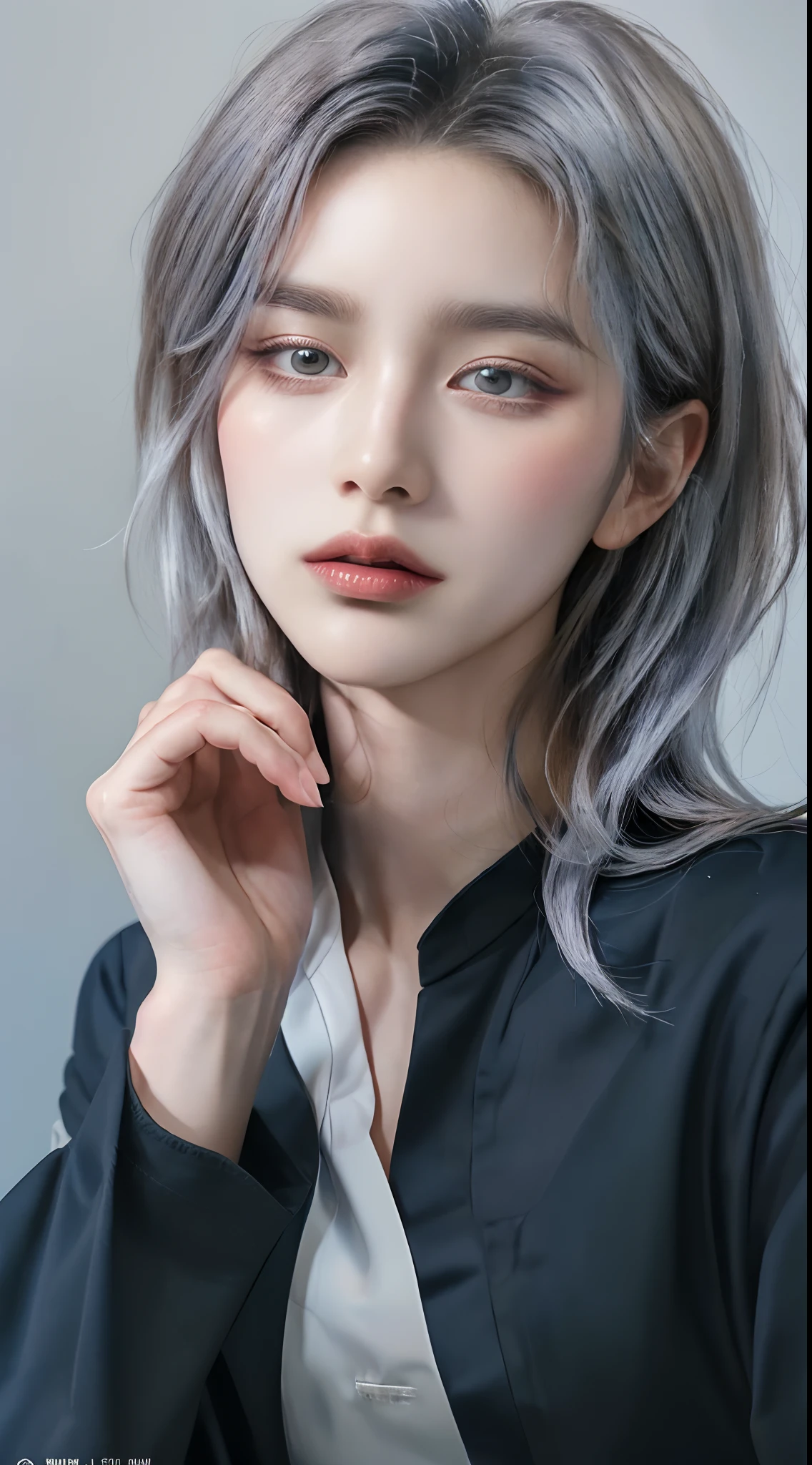 ((4K works))、​masterpiece、（top-quality)、((high-level image quality))、((one beautiful women))、Slim body、((Black Y Shirt Fashion))、(Detailed beautiful eyes)、Black background、((Face similar to Chaewon in Ruseraphim))、((Half-up hairstyle))、((bright silver hair))、((Smaller face))、((Neutral face))、((Light blue eyes))、((Korean Women))、((18year old))、((Wild Lady))、((Glaring at him with a savage look))、((Dark Korean Makeup))、((elongated and sharp eyes))、((Shot alone))、Cool pose