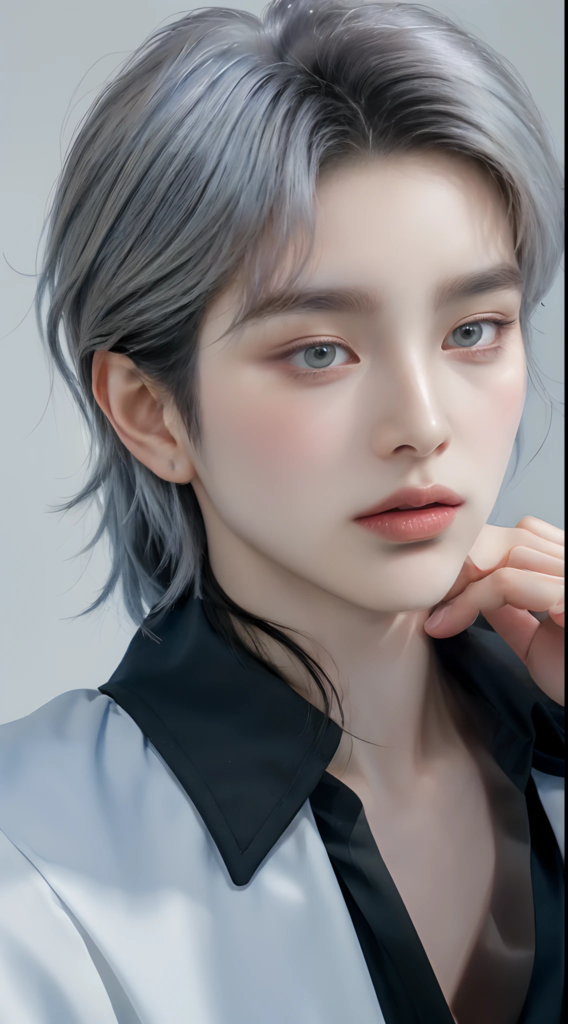 ((4K works))、​masterpiece、（top-quality)、((high-level image quality))、((one beautiful women))、Slim body、((Black Y Shirt Fashion))、(Detailed beautiful eyes)、Black background、((Face similar to Chaewon in Ruseraphim))、((Half-up hairstyle))、((bright silver hair))、((Smaller face))、((Neutral face))、((Light blue eyes))、((Korean Women))、((18year old))、((Wild Lady))、((Glaring at him with a savage look))、((Dark Korean Makeup))、((elongated and sharp eyes))、((Shot alone))、Cool pose