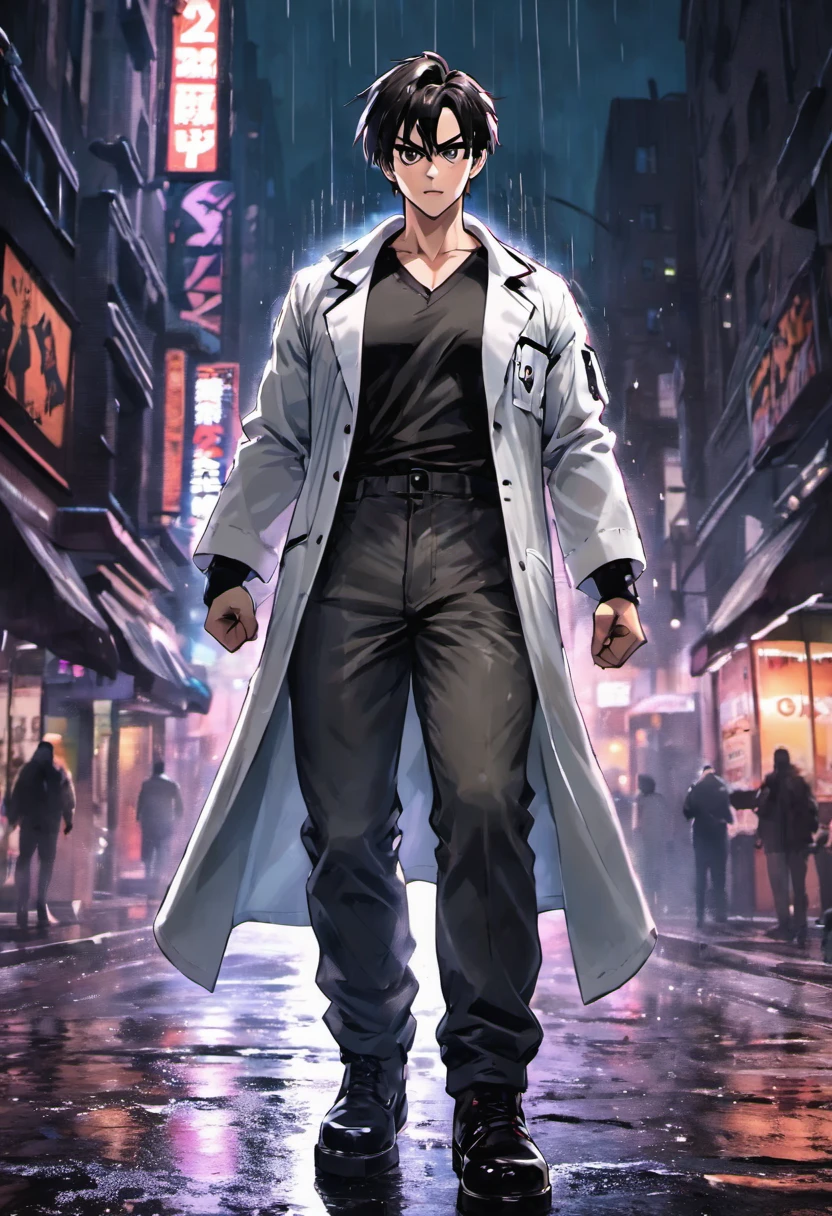 Close-up photos, 29 years old man, Dark hair,Chunky white highlights, Doctor's lab coat over black V-neck T-shirt,Wearing camouflage pants and black military boots, In the rainy city at night, Photorealistic, Cinematic lighting
