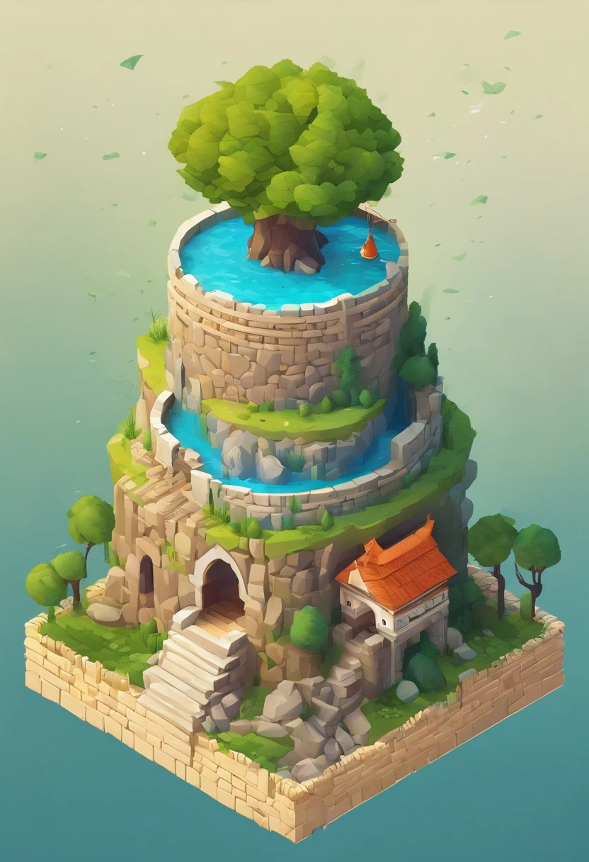 absurdos, best quality, fantasia, isometric, estilo knolling de (torre redonda de tijolo em miniatura:1.2), tree, Parede de Pedra, (fundo simples:1.2)