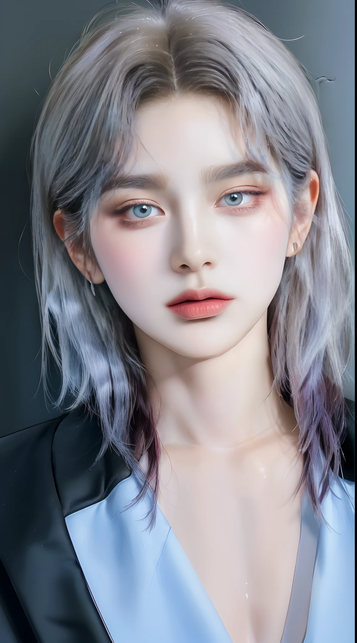 ((4K works))、​masterpiece、（top-quality)、((high-level image quality))、((one beautiful women))、Slim body、((Black Y Shirt Fashion))、(Detailed beautiful eyes)、Black background、((Face similar to Chaewon in Ruseraphim))、((Half Up Hairstyles))、((bright silver hair))、((Smaller face))、((Neutral face))、((Light blue eyes))、((Korean Women))、((18year old))、((Wild Lady))、((Glaring at him with a savage look))、((Dark Korean Makeup))、((elongated and sharp eyes))、((Shot alone))、