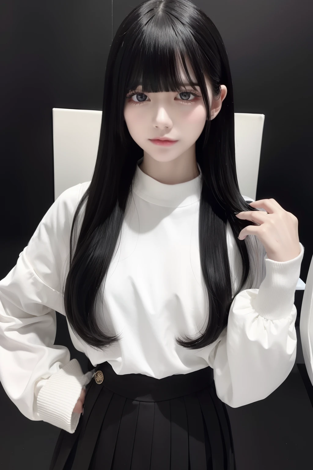 top-quality、8K、32K、masterpiece、nffsw:1.2)、1girl in、One girl with long hair、Two beautiful Japan women、A dark-haired、Heavy bangs、long sleeved shirt、White high neck shirt &Black mini pleated skirt、White wall background、Focus on the face