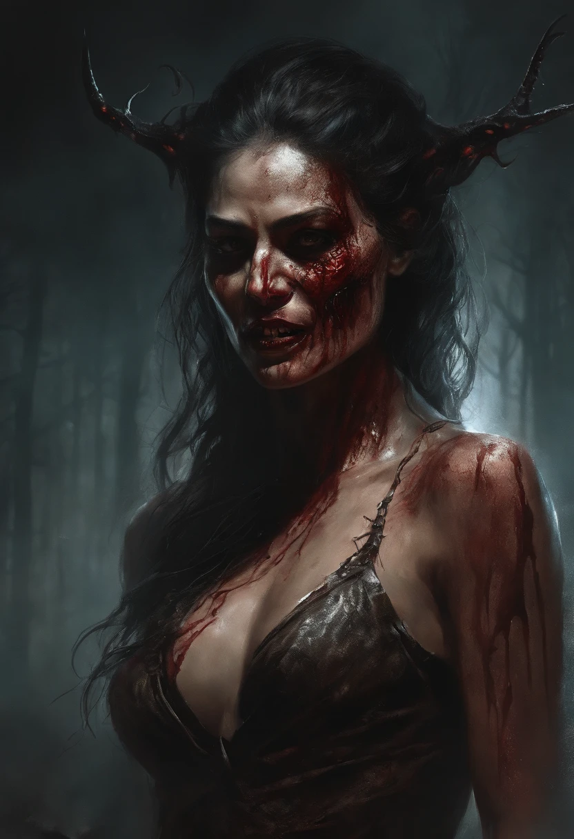 A painting of a female Nicole Scherzinger demonic creature with a bloodied face and a bloodied head, carnage, Sci - Horror Art of Fiction, Science fiction horror artwork, inspired by Aleksi Briclot, Crocs de carnage, Horror fantasy art, par Aleksi Briclot, Horror concept art, venin, Art fantastique et horreur, Detailed illustration of 4K horror, Demonic creature, Dark Fantasy Horror Art
