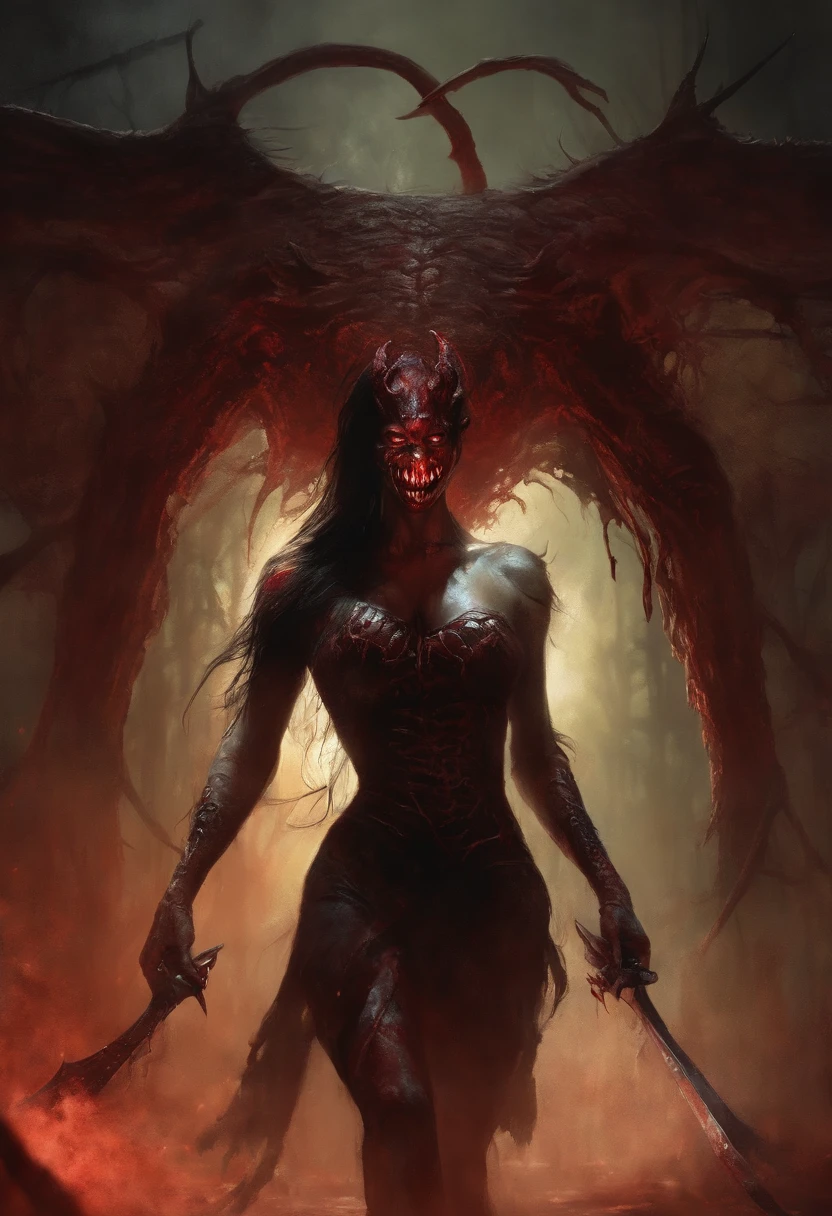 A painting of a female Nicole Scherzinger demonic creature with a bloodied face and a bloodied head, carnage, Sci - Horror Art of Fiction, Science fiction horror artwork, inspired by Aleksi Briclot, Crocs de carnage, Horror fantasy art, par Aleksi Briclot, Horror concept art, venin, Art fantastique et horreur, Detailed illustration of 4K horror, Demonic creature, Dark Fantasy Horror Art