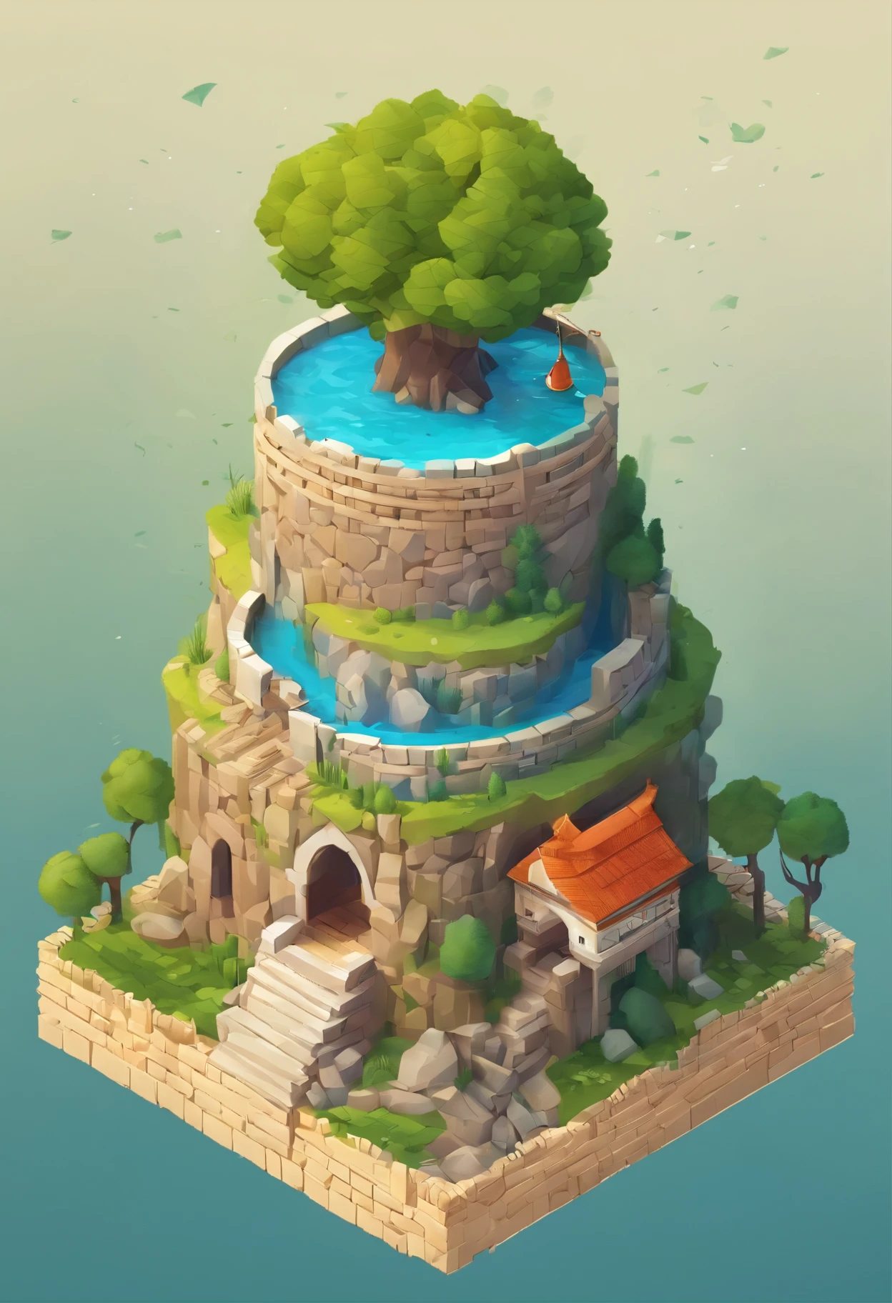 absurdos, best quality, fantasia, isometric, estilo knolling de (torre redonda de tijolo em miniatura:1.2), tree, Parede de Pedra, (fundo simples:1.2)