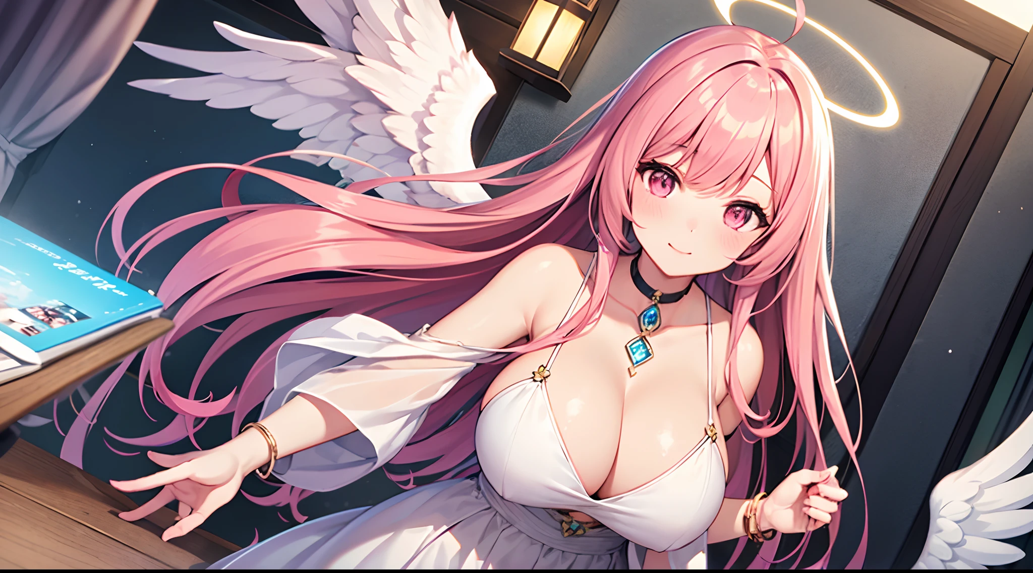 1 girl, game CG, 1 girl, game CG,white dress, angel halo, angel wings, bangles, gigantic breasts, pink hair, long hair, straight hair, ahoge, pink eyes,
