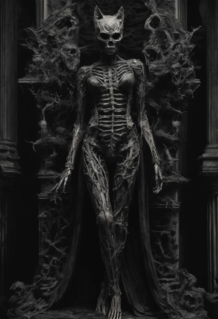 statue of Catwoman angel made of twisted bones and skeletons, full body, hyper realistic, intricate, central, symmetrical --v 4