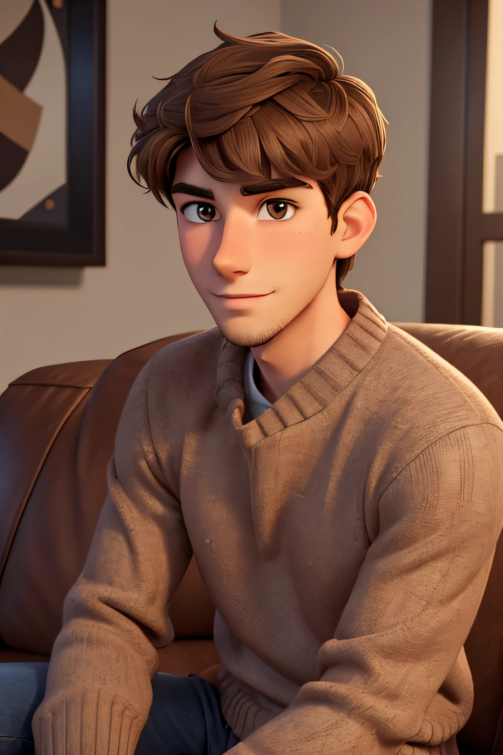 Ethan Williams, a young man of 19 years old, with medium-length brown hair, brown eyes, angular jaw, short stubble beard, lean body, cute and handsome, mature look, serious subtle smirk on face, wearing a sweater, close up shot sitting on the couch. 3d cartoon