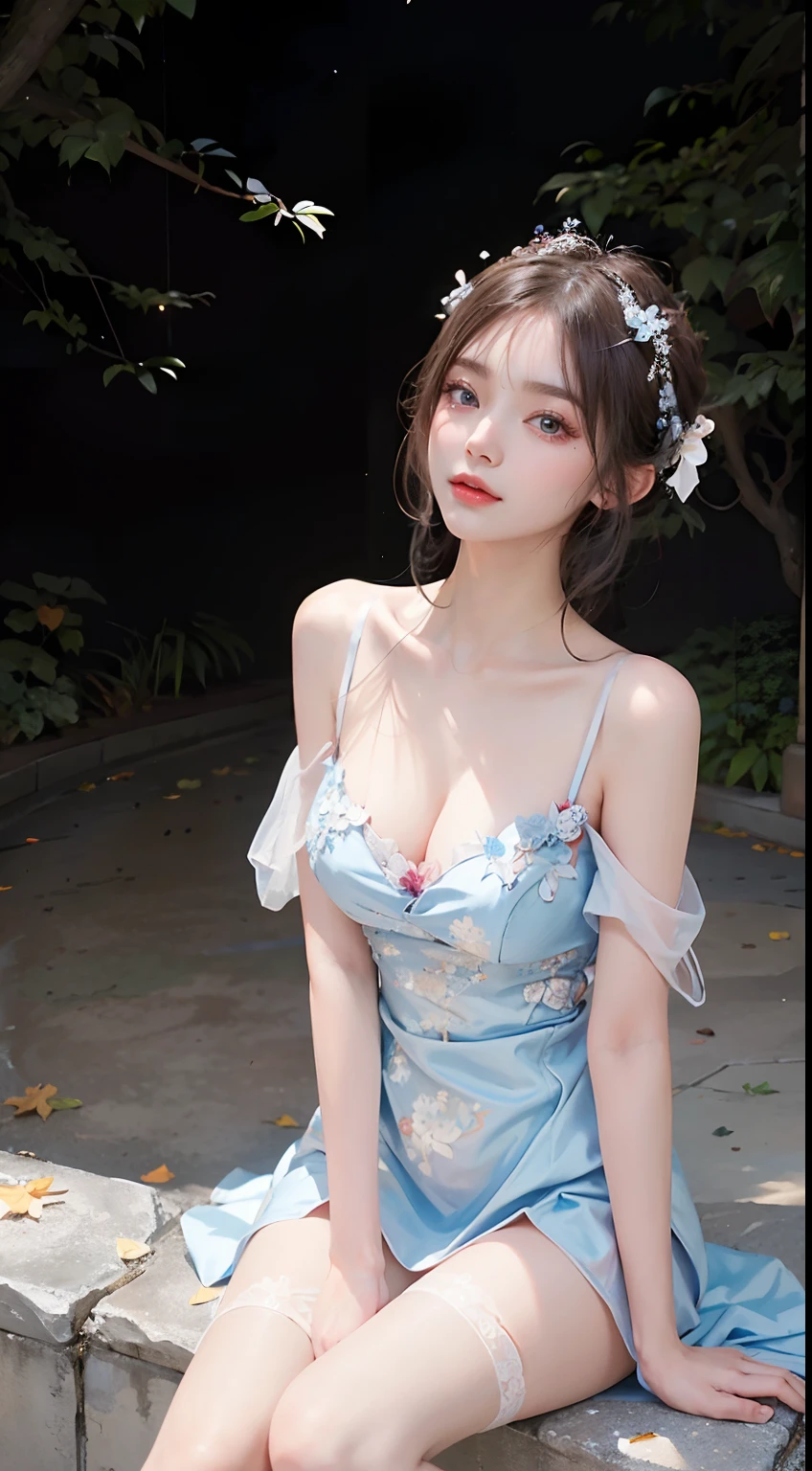 A beautiful girl in a modest autumn dress、We color the season with elegant costumes.。Her white hair didn't sway in the wind、Shortcuts give a classy impression。Blue eyes reminiscent of the autumn sky、Her skin is gentle with a pale shade。The dress is crimson、It is shoulder-to-knee long.、Although it has a modest design、In harmony with the seasons。She is surrounded by beautiful scenery of autumn、Quietly radiating beauty。
