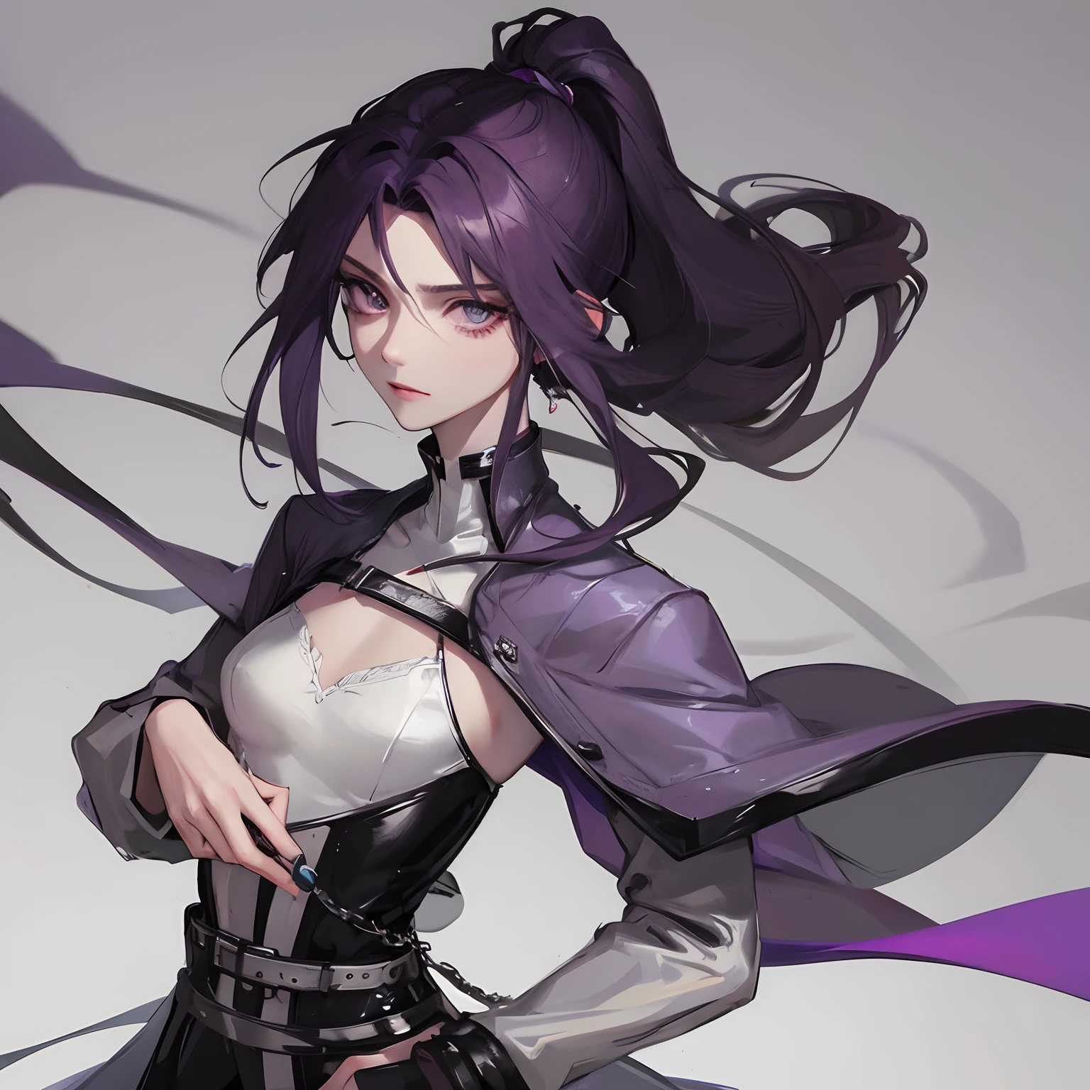 young skinny guy, delicate facial features, long dark purple hair gathered in a low ponytail, a lot of silver jewelry, dark tight-fitting clothes, white coat, belts, dark faded look, tired face, many details